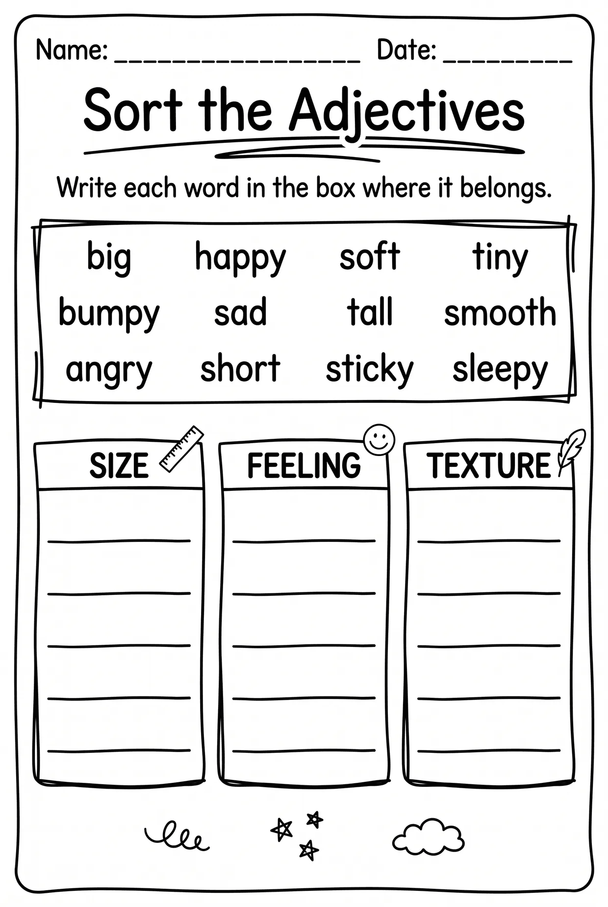 Sort the Adjectives Worksheet: Size, Feeling, Texture, page 1 preview