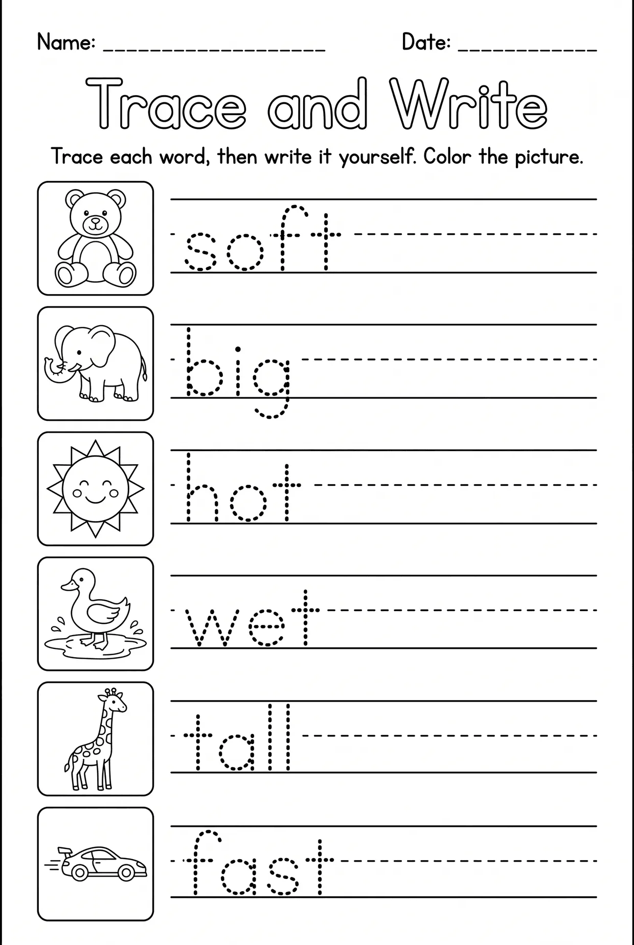 Adjectives Tracing Worksheet: Trace, Write, Color, page 1 preview