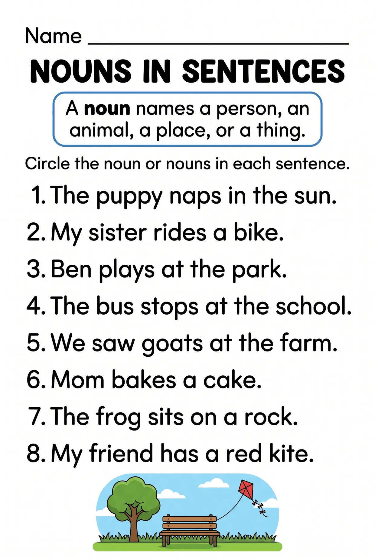 Circle the Nouns in Sentences Worksheet for 1st Grade, page 1 preview