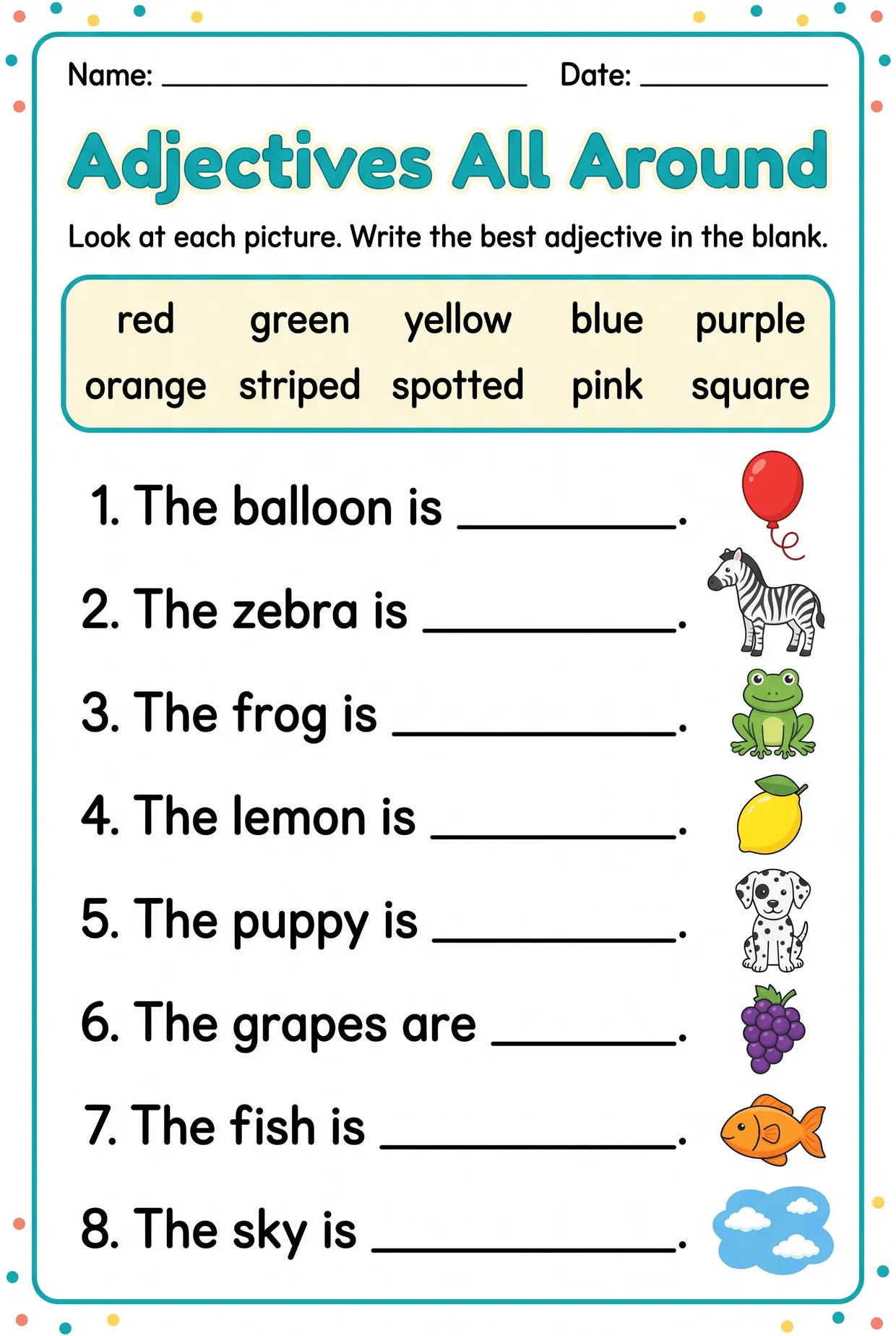 Adjectives Worksheet: Colors and Patterns in Pictures, page 1 preview
