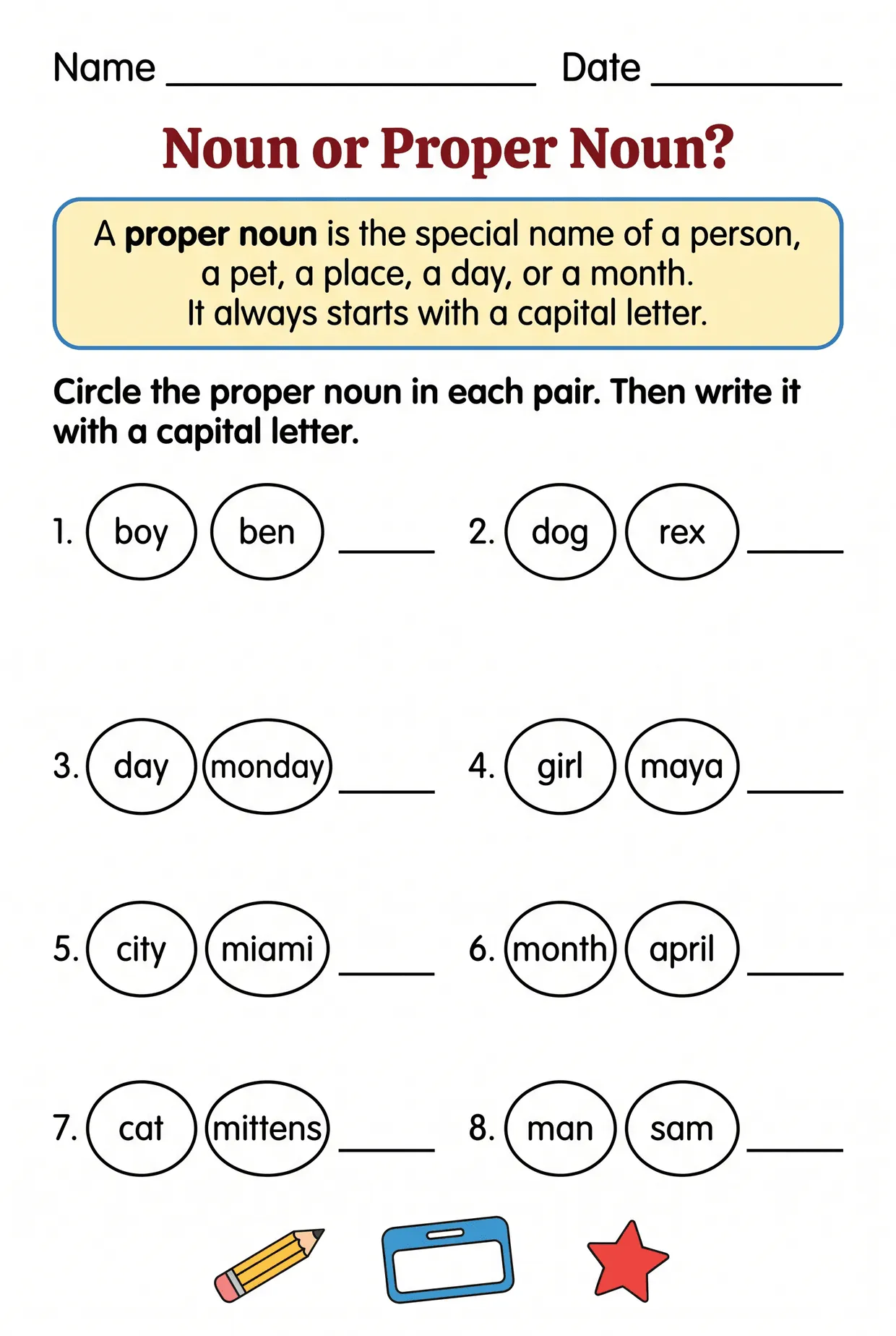 Common and Proper Nouns Worksheet for 1st Grade, page 1 preview