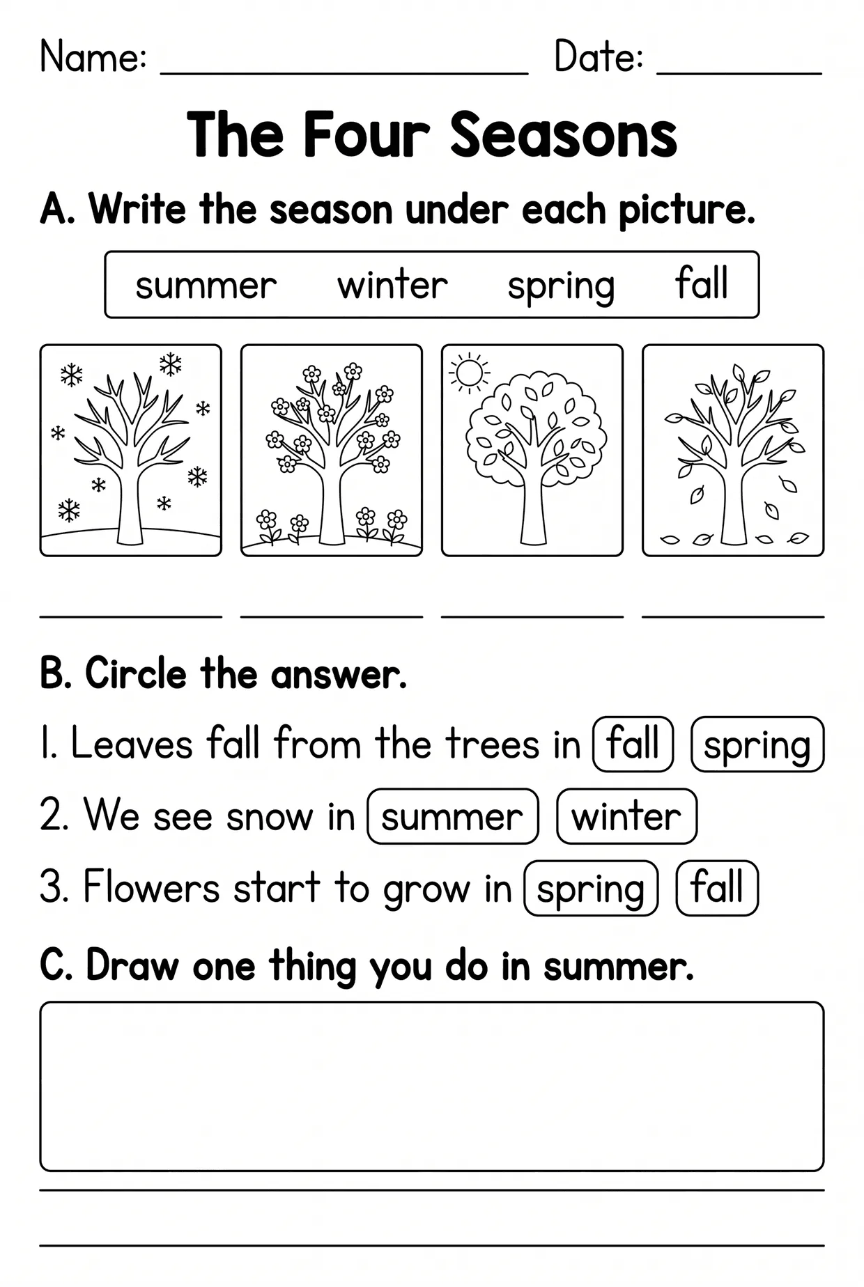The Four Seasons Worksheet for First Grade, page 1 preview
