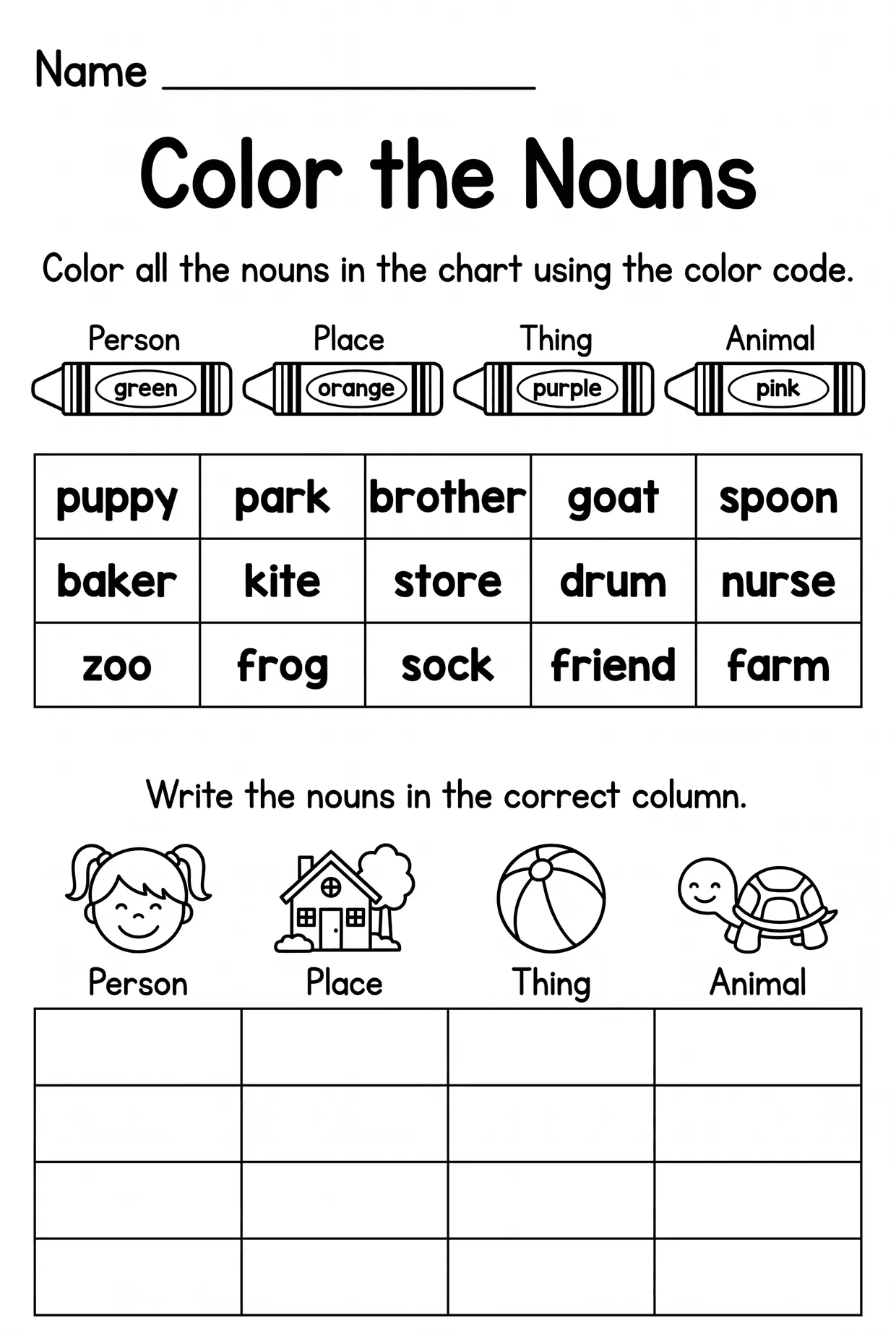 Color the Nouns: Color by Code Worksheet for Grade 1, page 1 preview