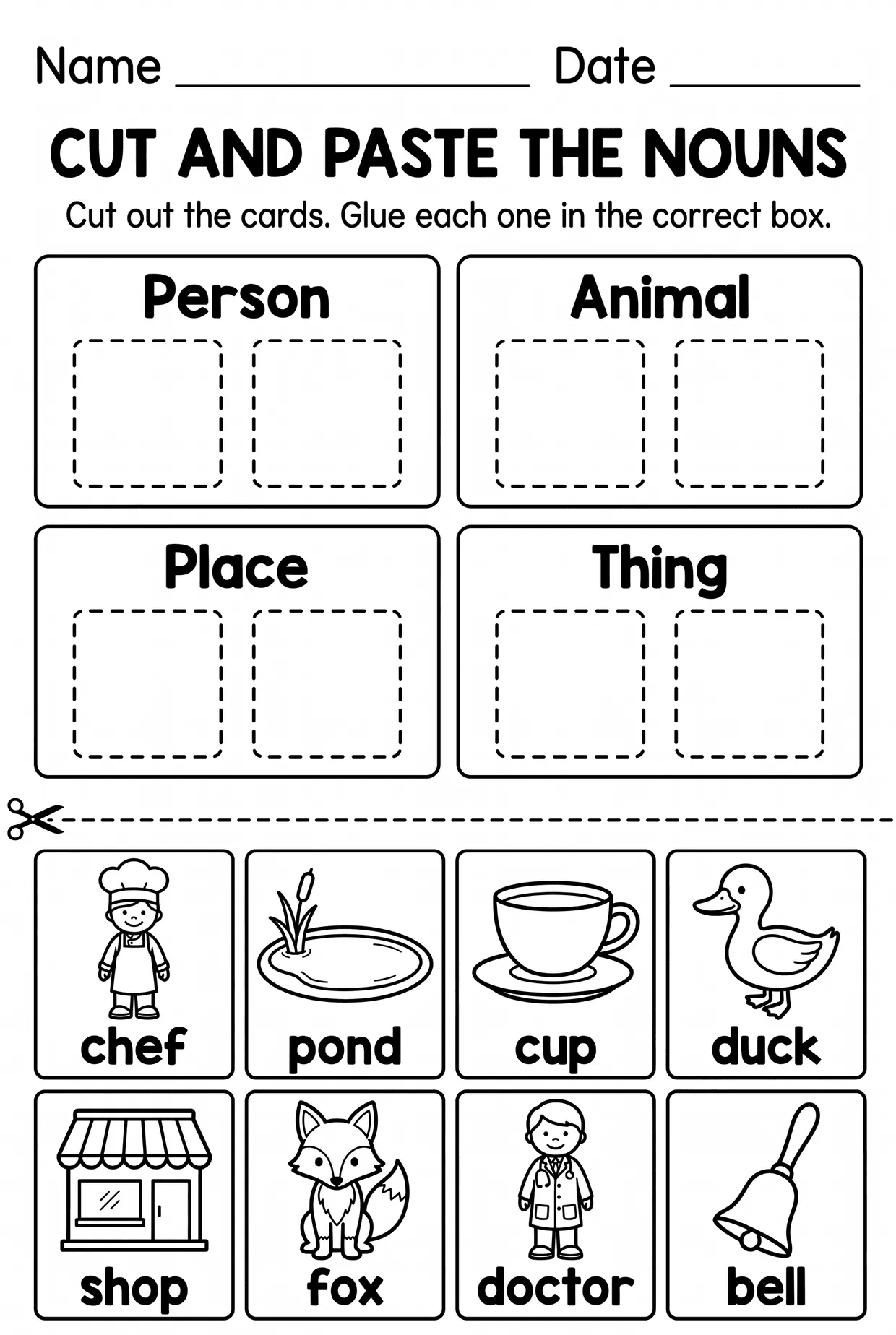 Cut and Paste Nouns Sorting Worksheet for 1st Grade, page 1 preview