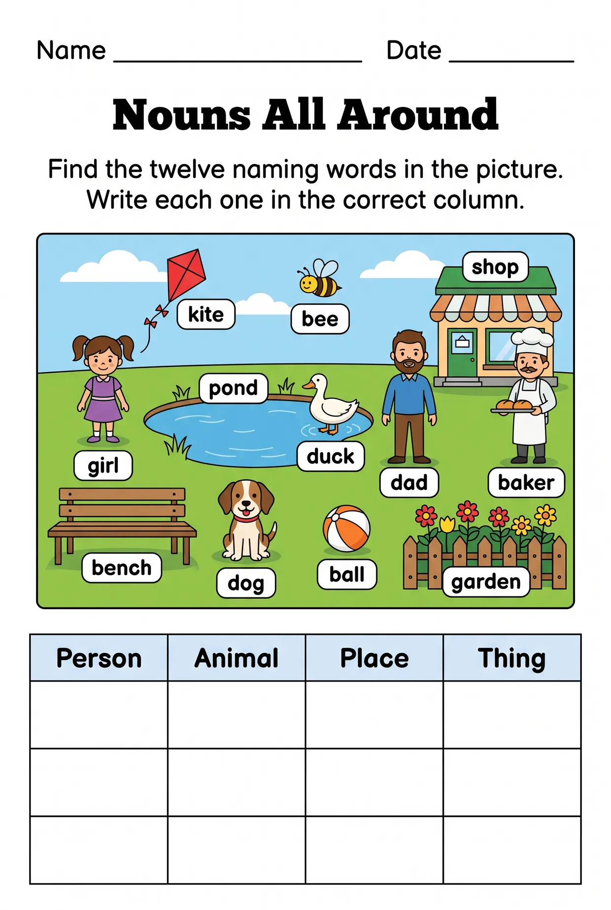 Nouns All Around: Park Scene Worksheet for 1st Grade, page 1 preview