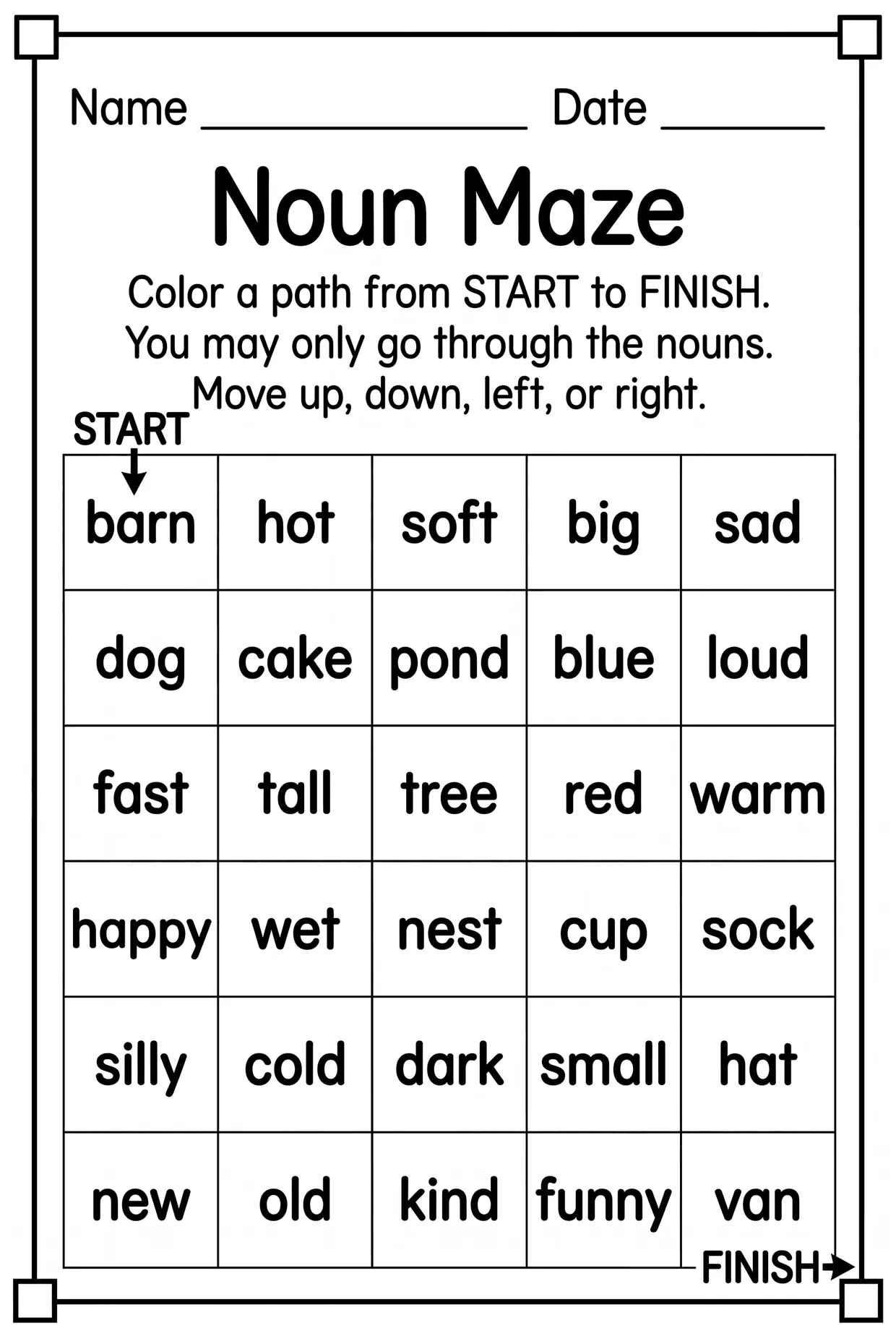 Noun Maze Worksheet for 1st Grade Grammar, page 1 preview