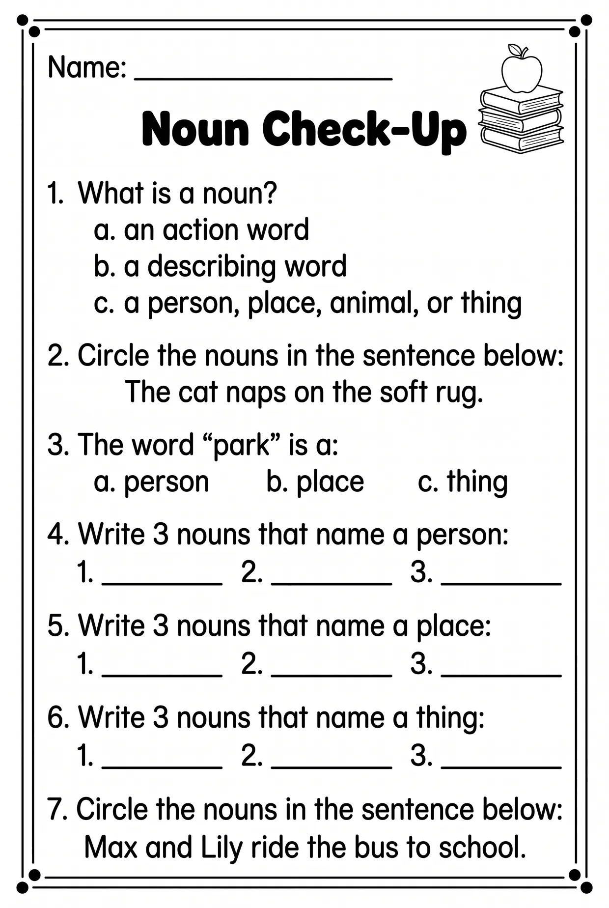 Noun Check-Up Quiz Worksheet for 1st Grade, page 1 preview