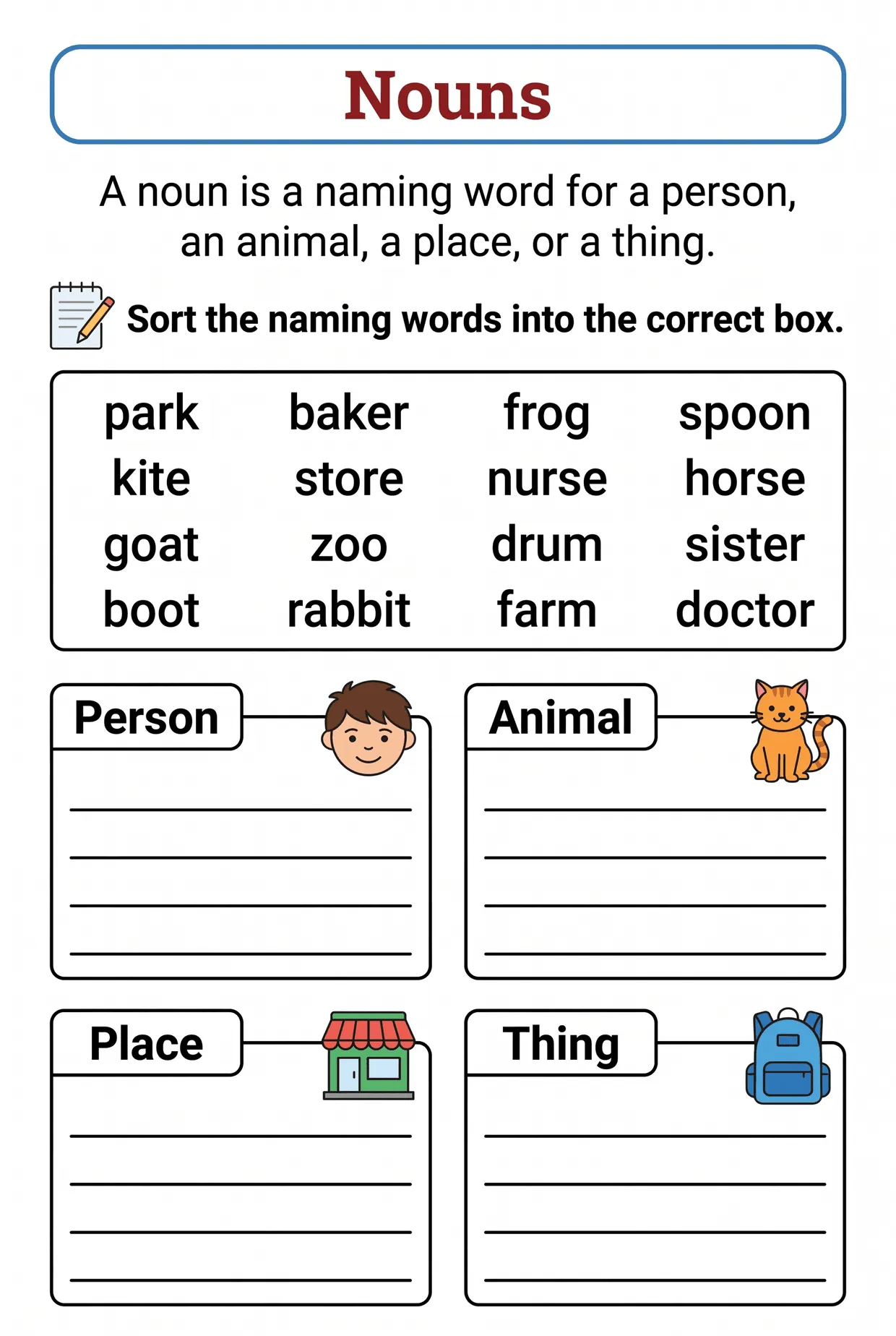 Sort the Naming Words: Nouns Worksheet for 1st Grade, page 1 preview