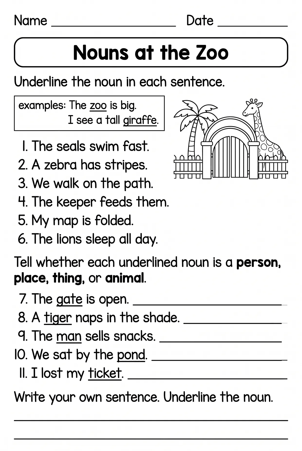 Nouns at the Zoo Worksheet for 1st Grade, page 1 preview