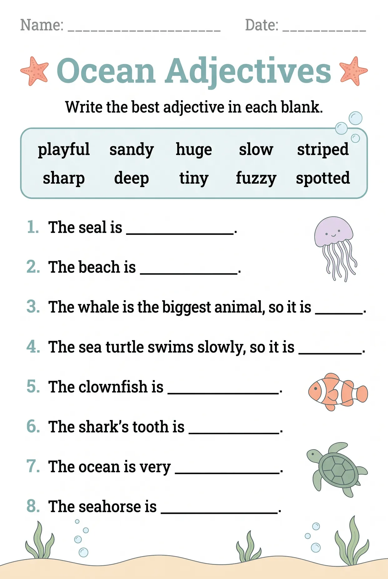 Ocean Adjectives Worksheet: Describe the Sea, page 1 preview