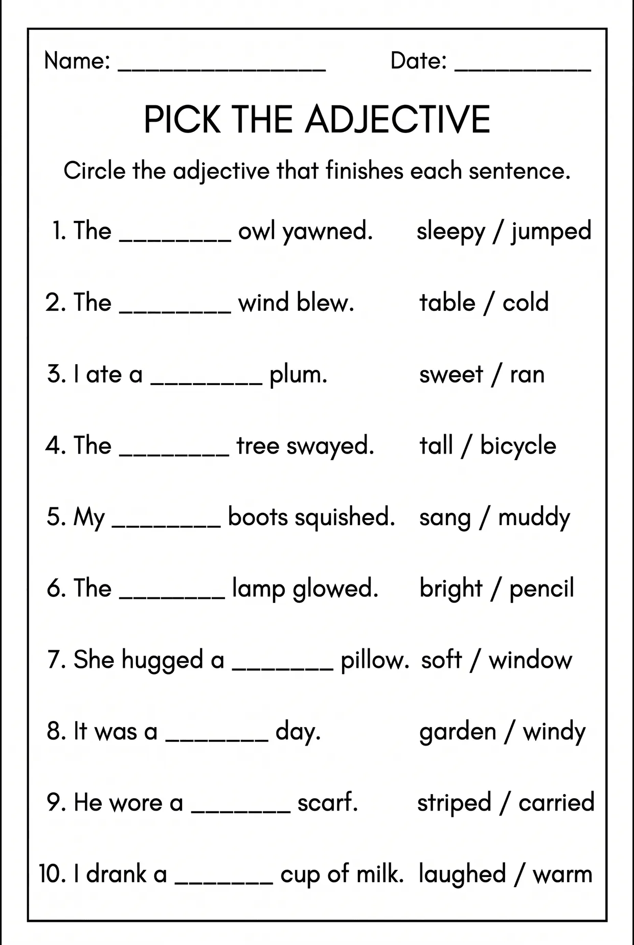 Pick the Adjective Worksheet: Circle the Right Word, page 1 preview