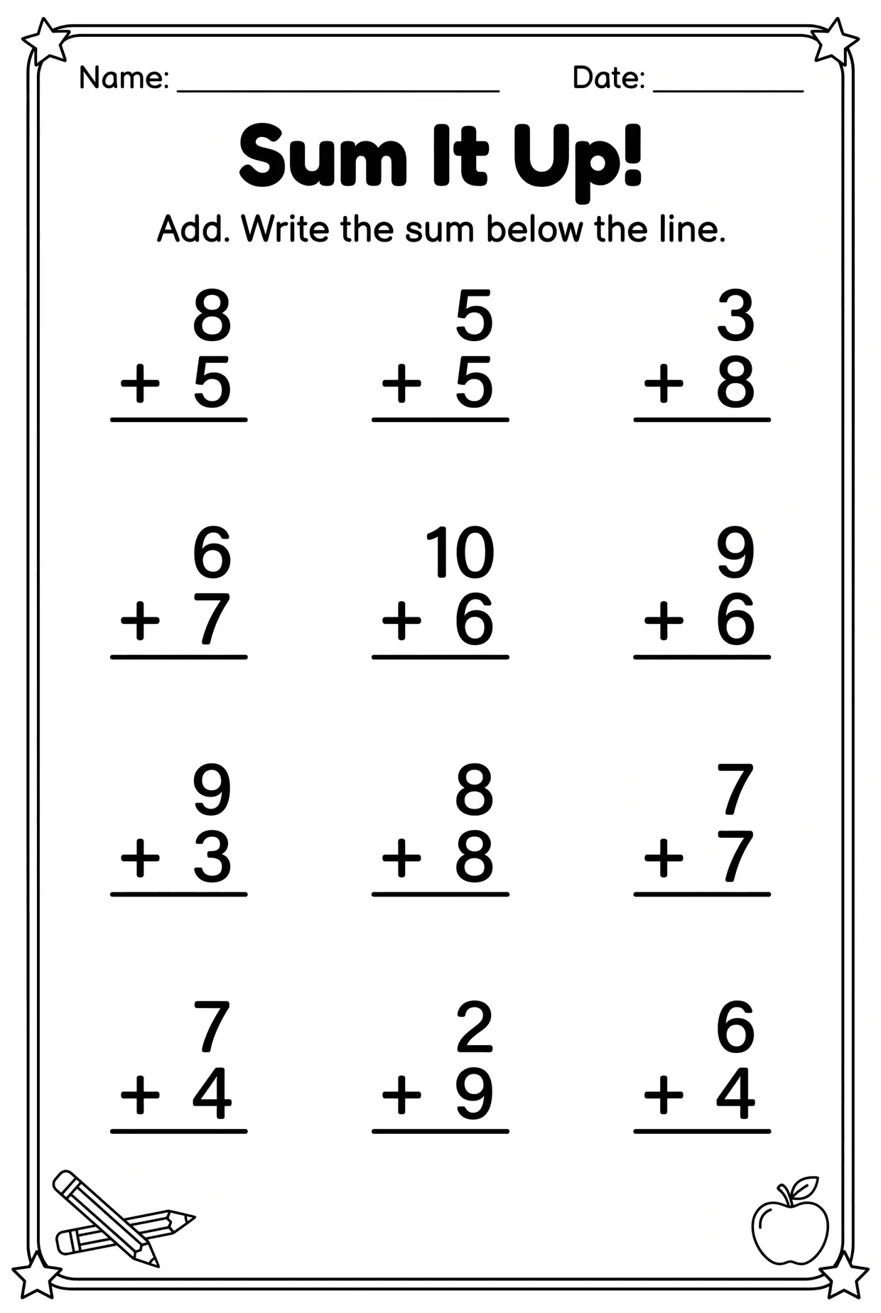 Vertical Addition Worksheet: Column Math for Grade 1 worksheet preview