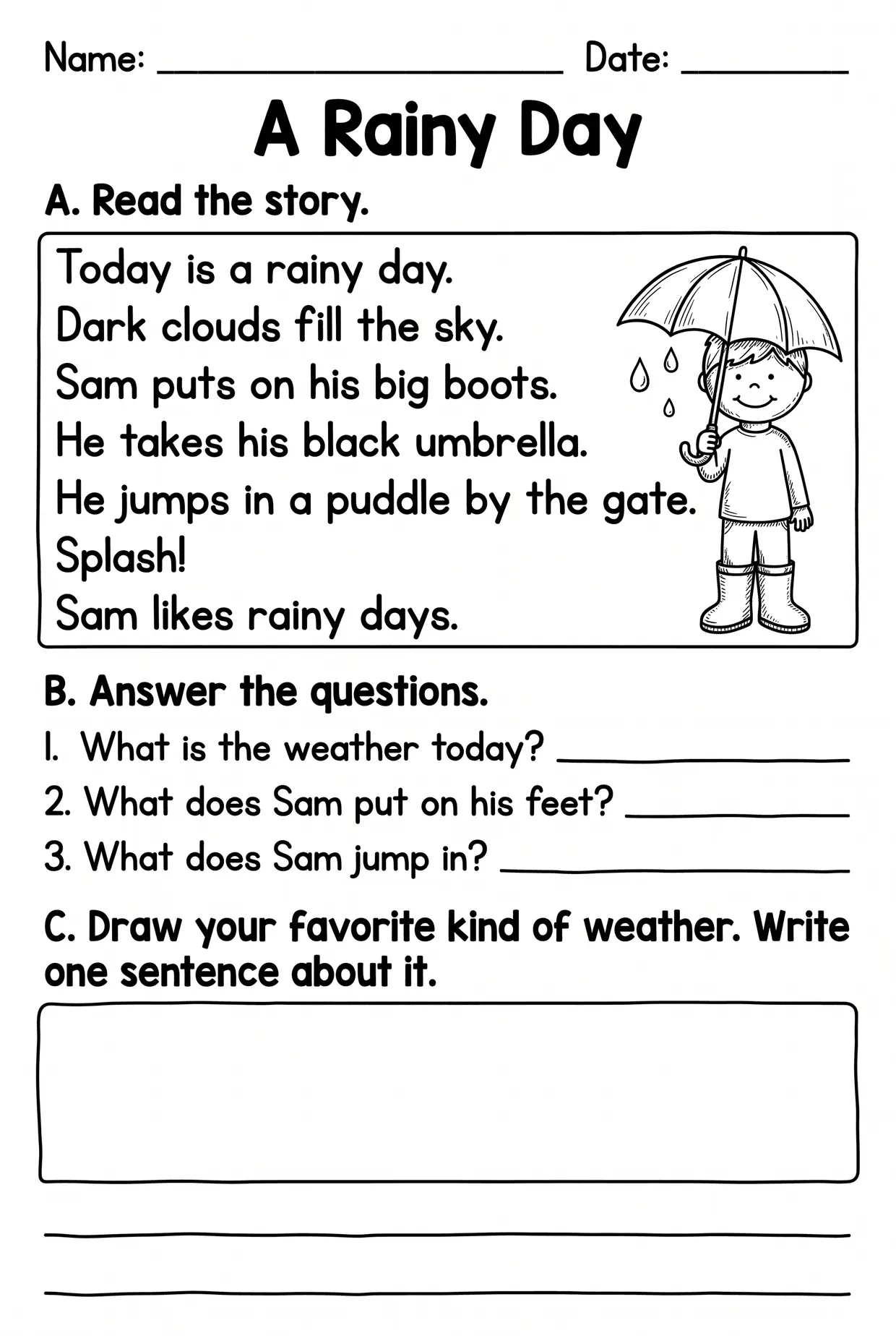 A Rainy Day: Weather Reading Worksheet for Grade 1, page 1 preview