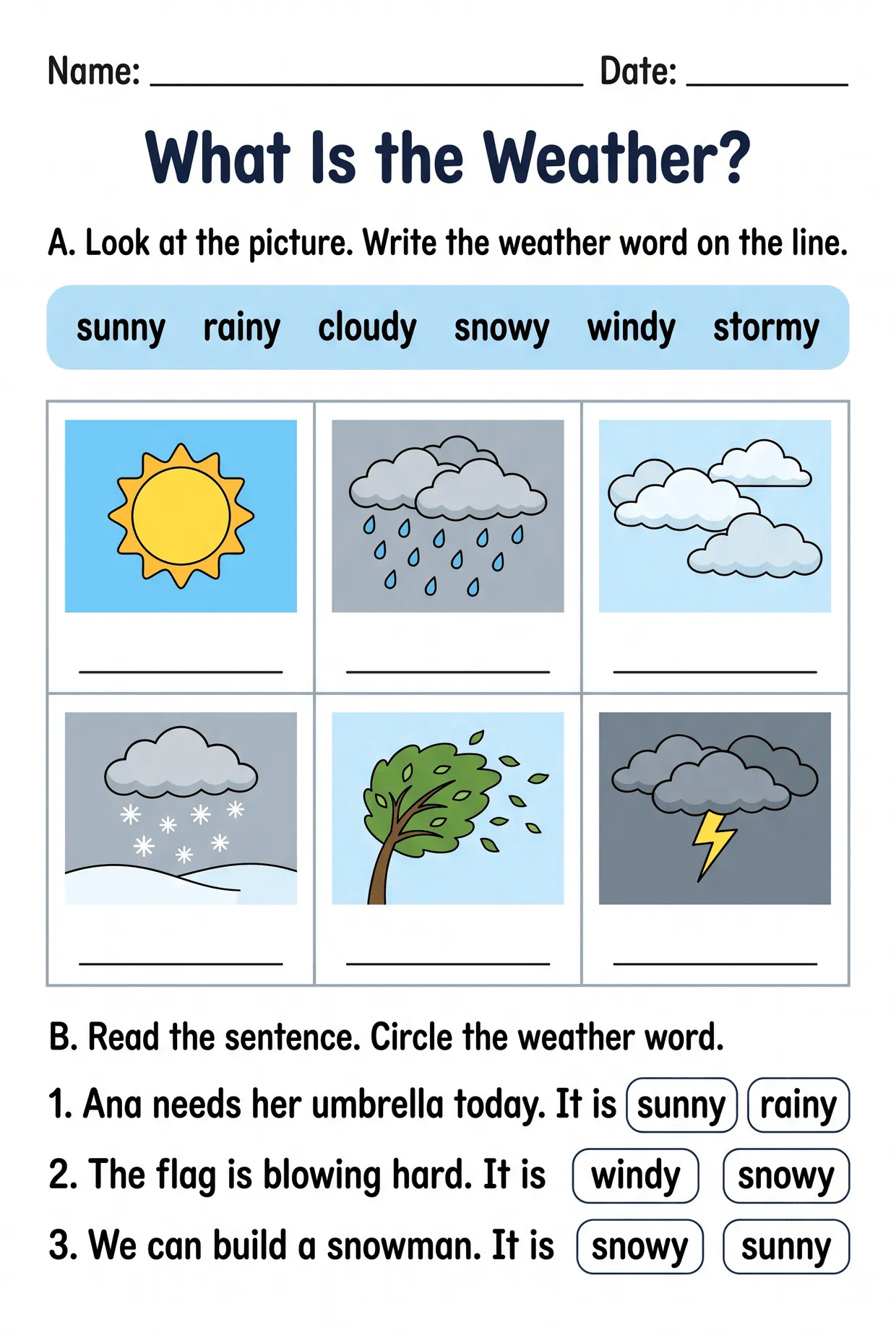 Weather Words Picture Worksheet for First Grade worksheet preview