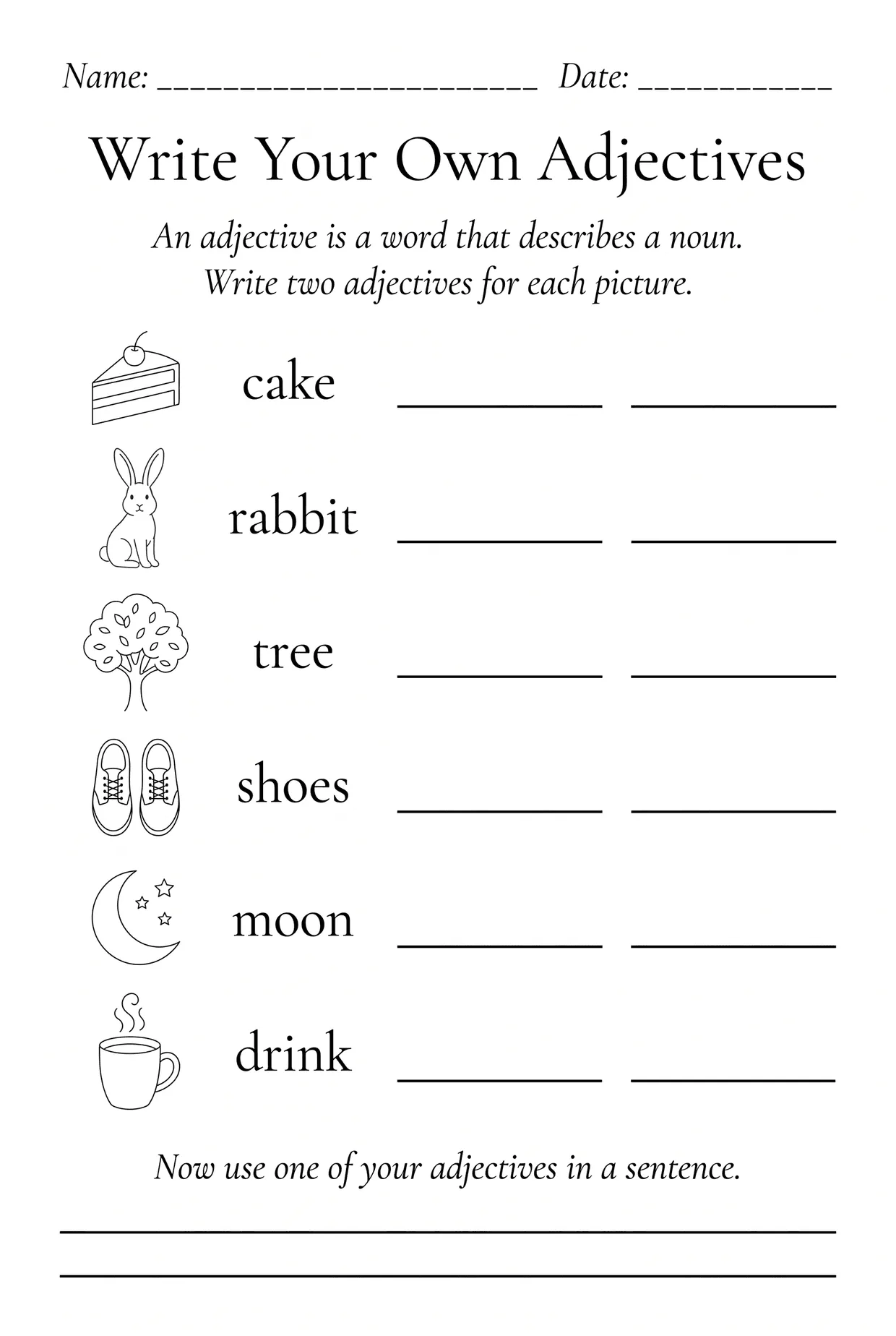 Write Your Own Adjectives Worksheet for First Grade, page 1 preview