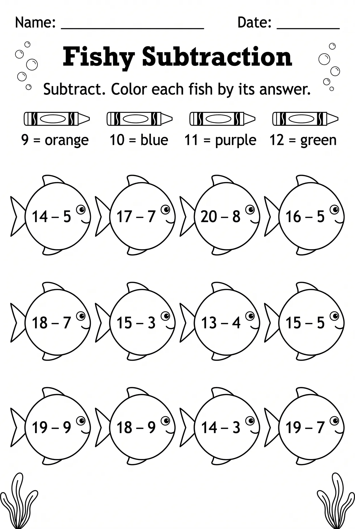 Fishy Color by Answer Subtraction Worksheet for Grade 1, page 1 preview
