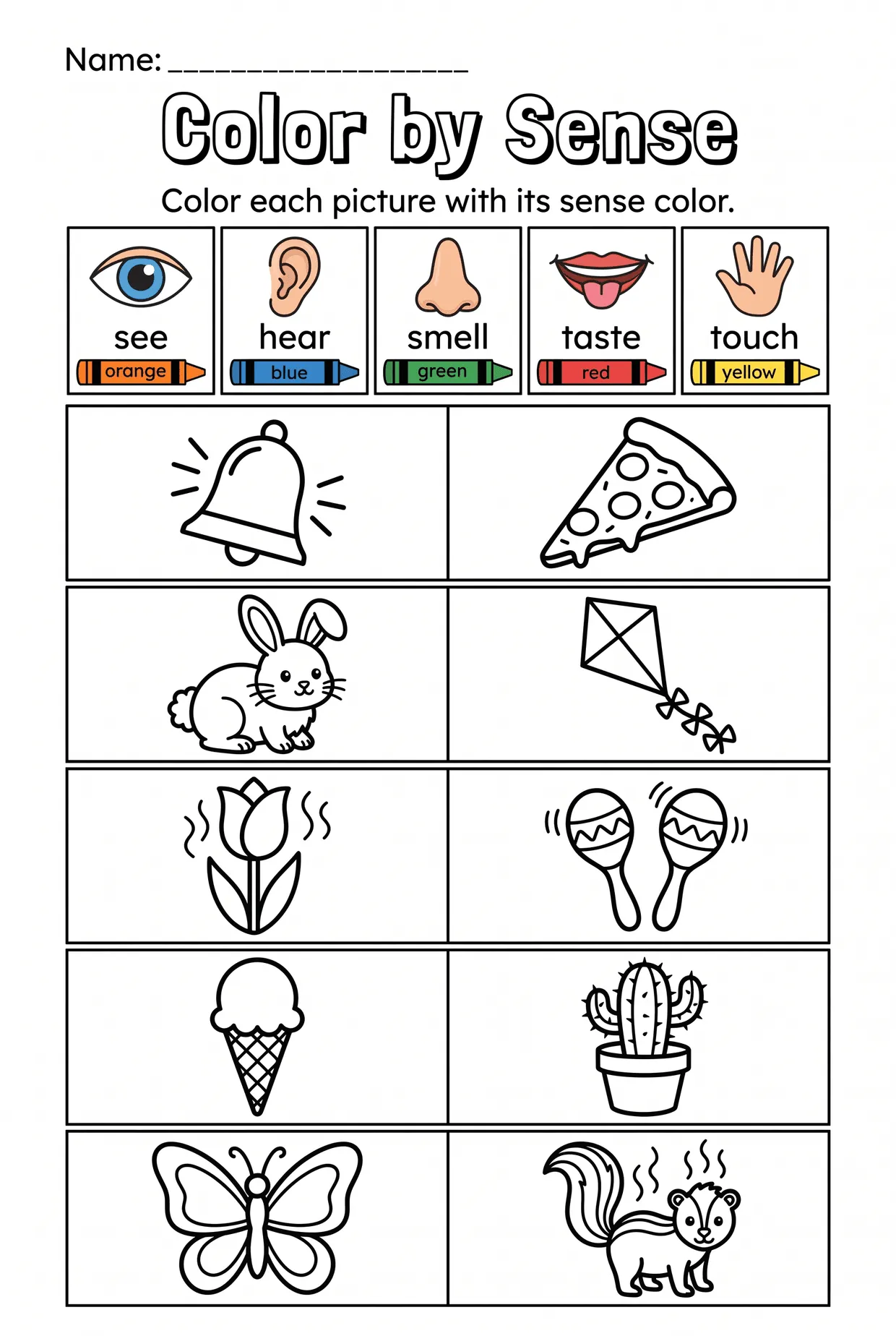 Color by Sense Five Senses Worksheet for Kindergarten, page 1 preview