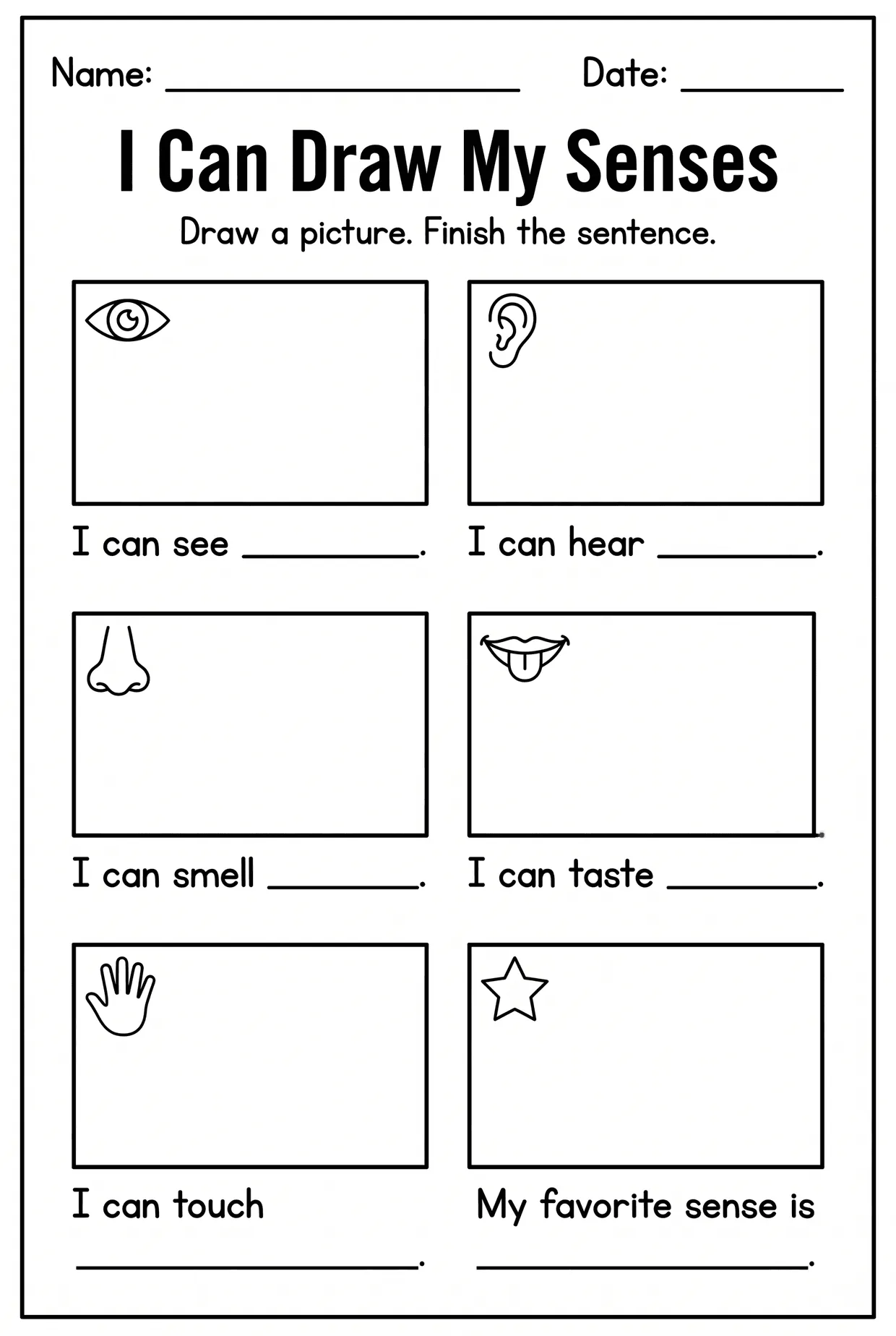 Draw and Write Five Senses Worksheet for Kindergarten, page 1 preview
