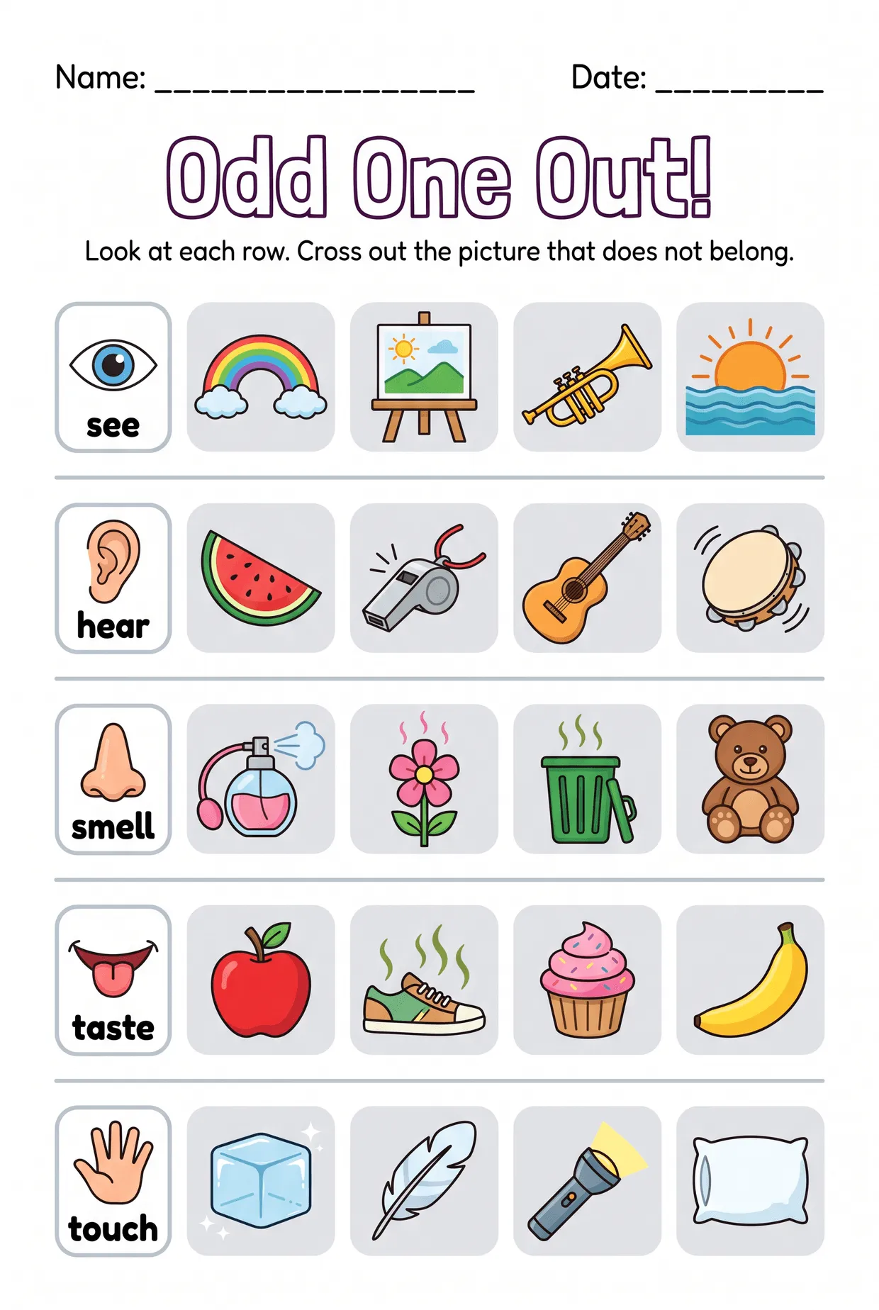 Odd One Out Five Senses Worksheet for Kindergarten, page 1 preview