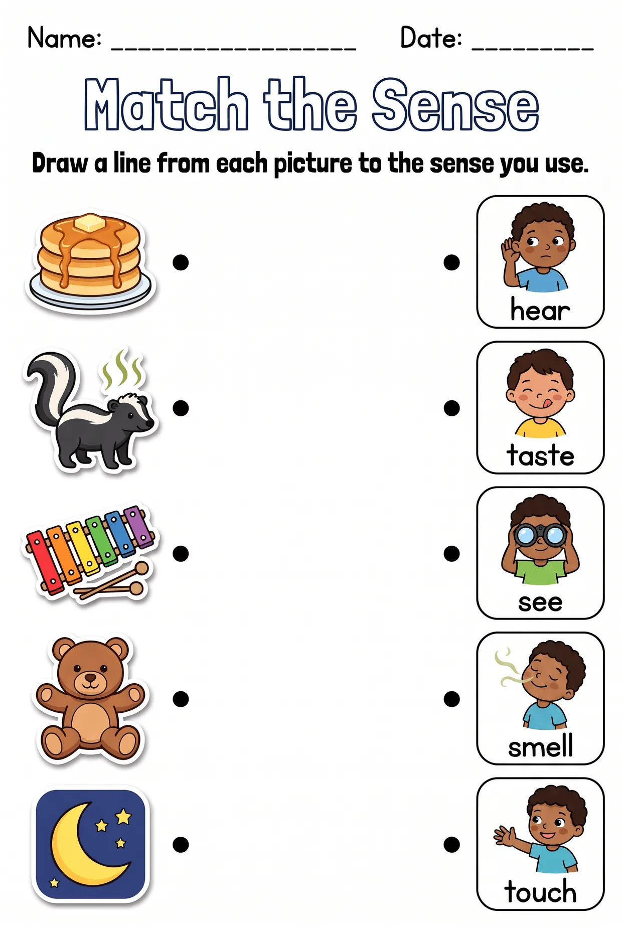 Five Senses Picture Matching Worksheet for Kindergarten, page 1 preview
