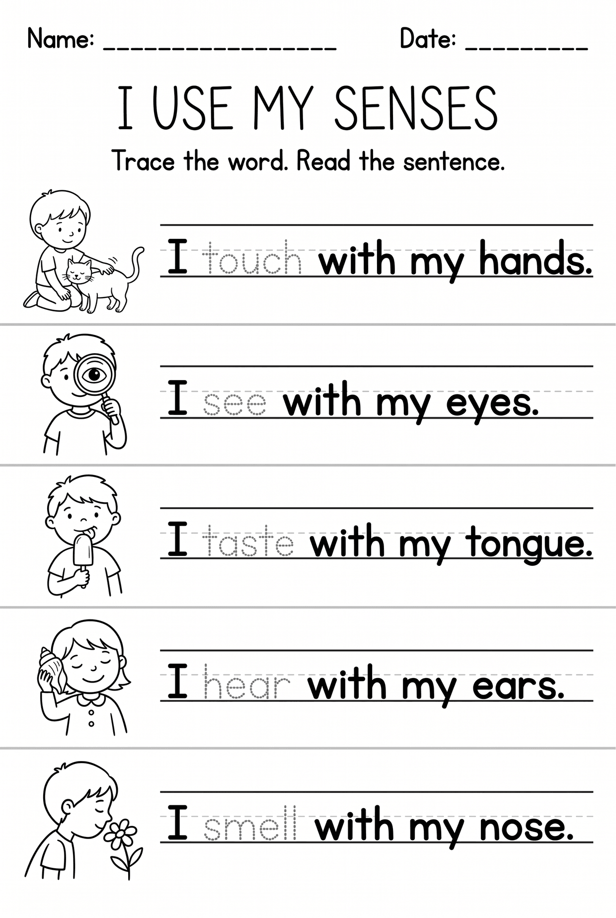 Sentence With Section Five Senses Sentence Tracing Worksheet for Kindergarten