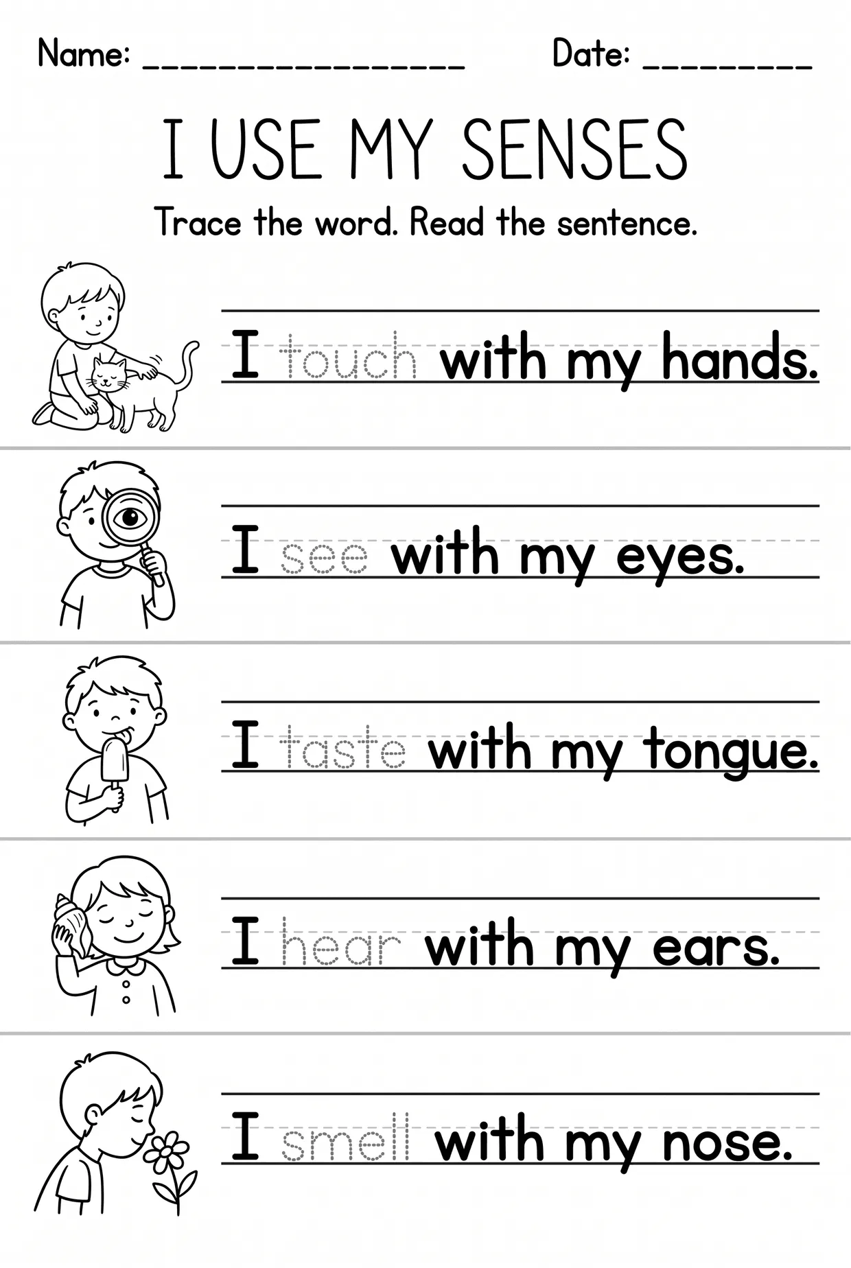 Five Senses Sentence Tracing Worksheet for Kindergarten, page 1 preview