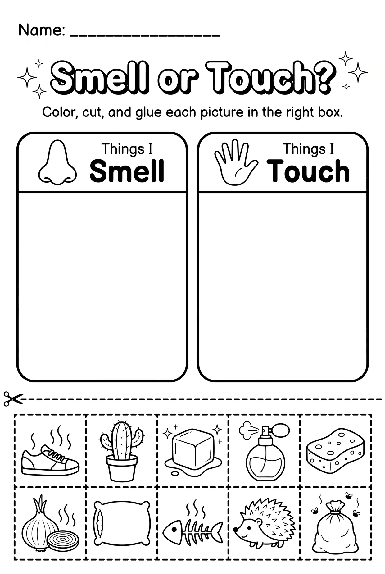 Smell or Touch Sort Kindergarten Five Senses Worksheet, page 1 preview