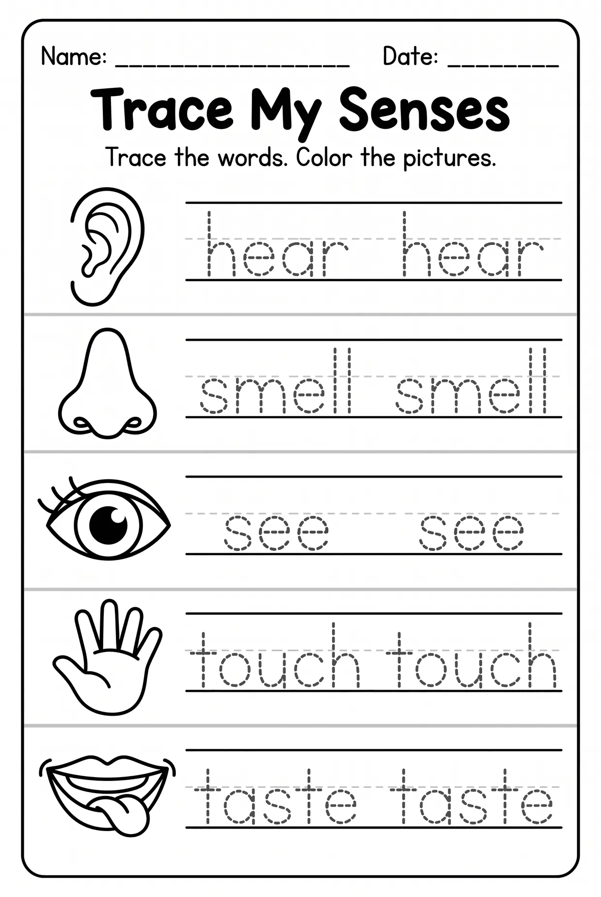 Trace My Senses Kindergarten Five Senses Worksheet, page 1 preview