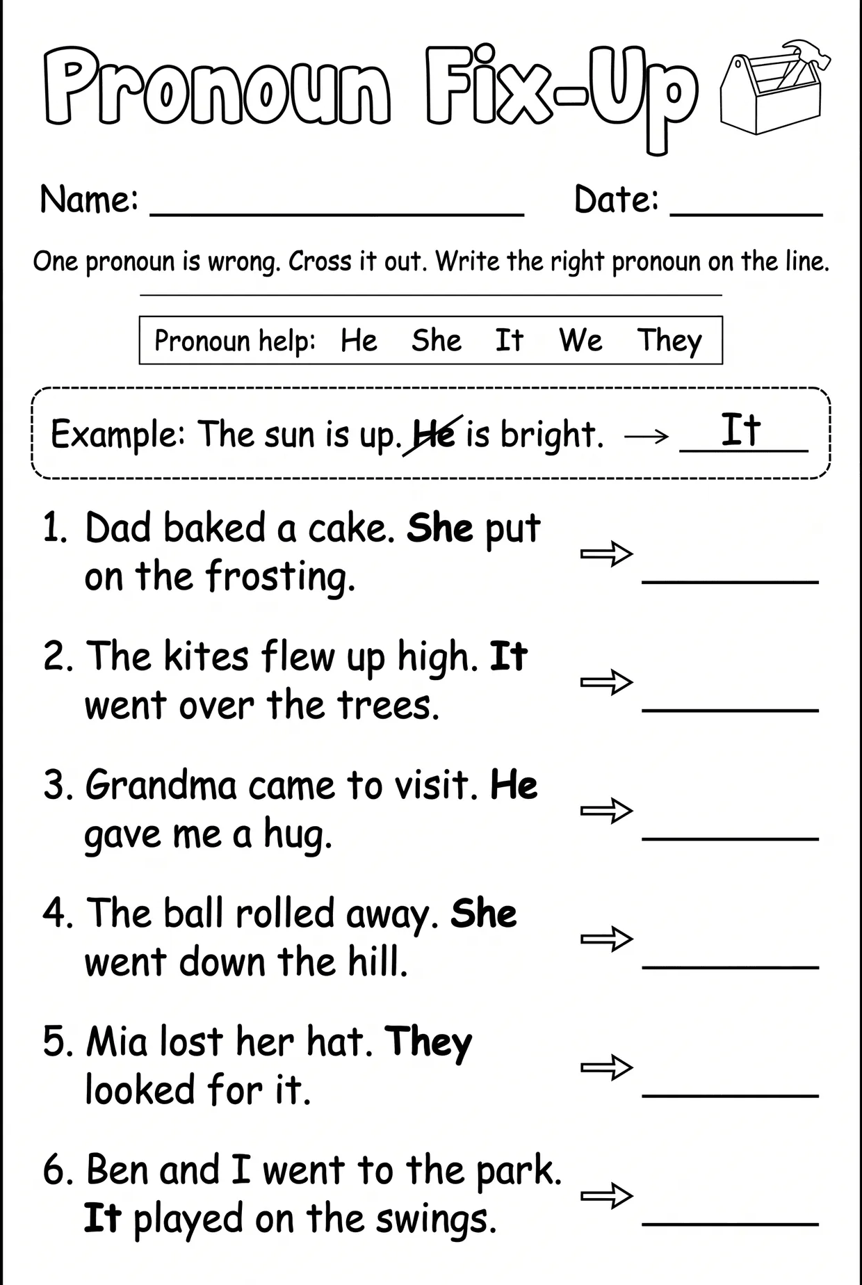 Pronoun Fix-Up Editing Sentences Worksheet for Grade 1, page 1 preview