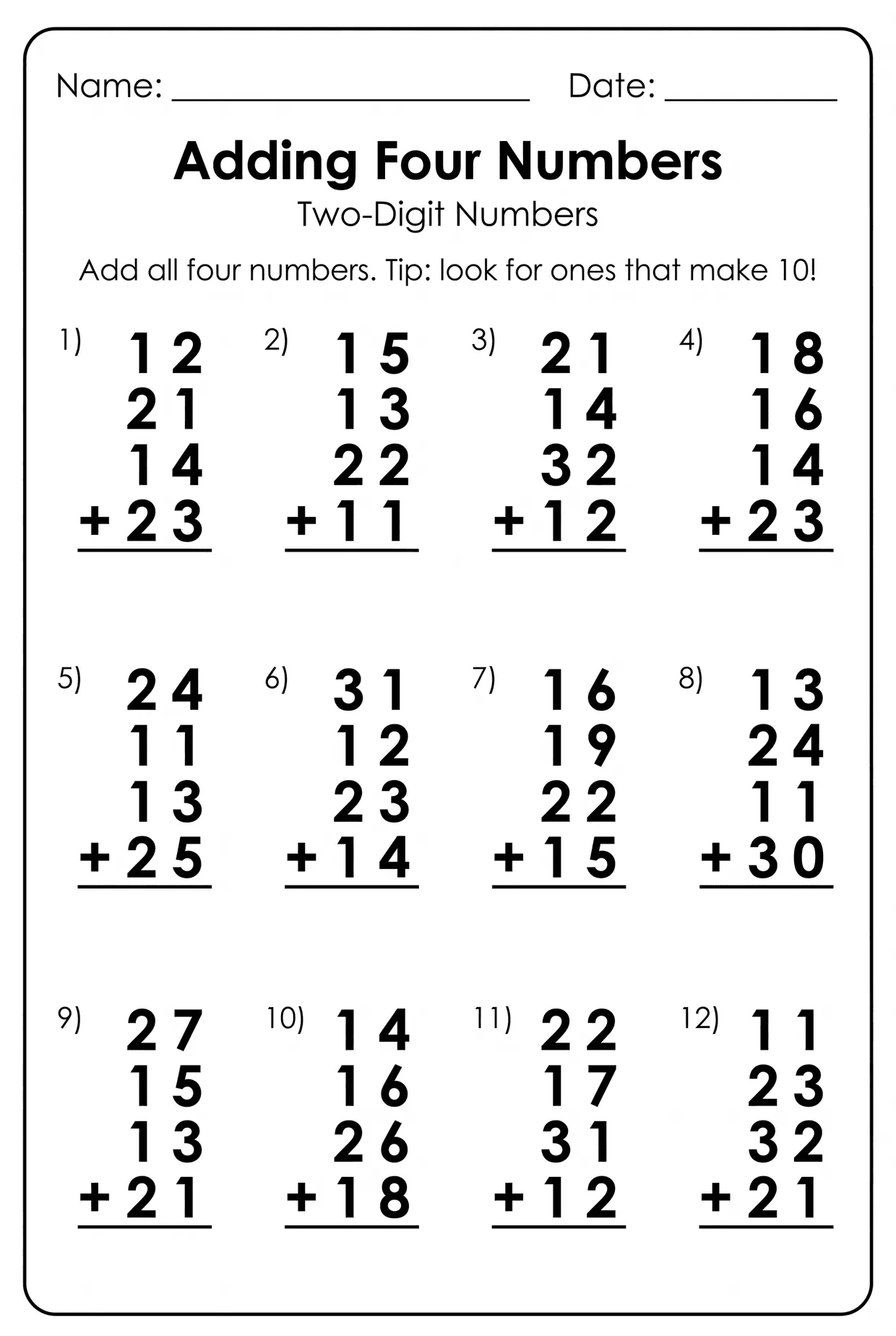 Add Four Two-Digit Numbers Worksheet for 2nd Grade, page 1 preview