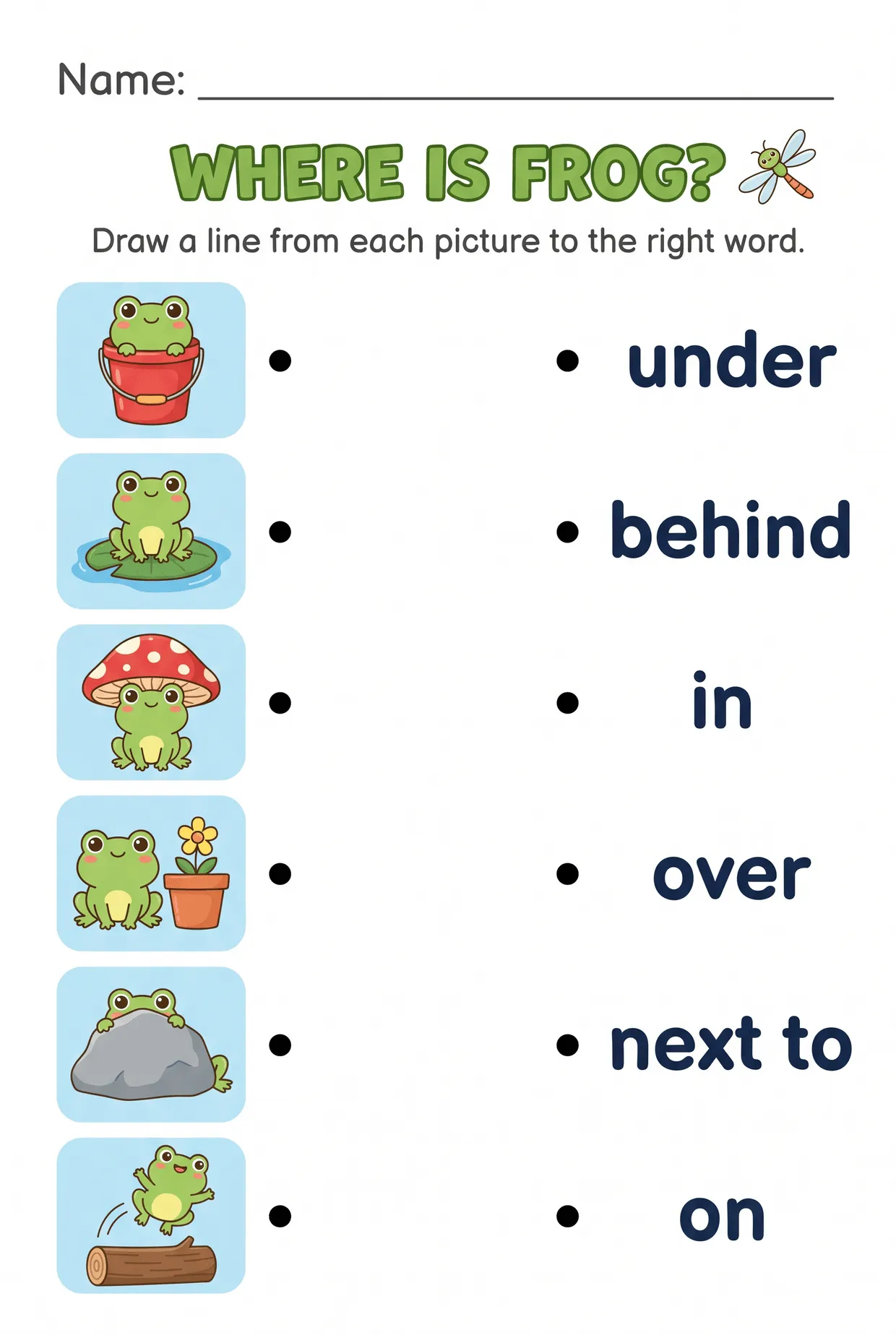 Frog Prepositions Matching Worksheet for Kindergarten, page 1 preview