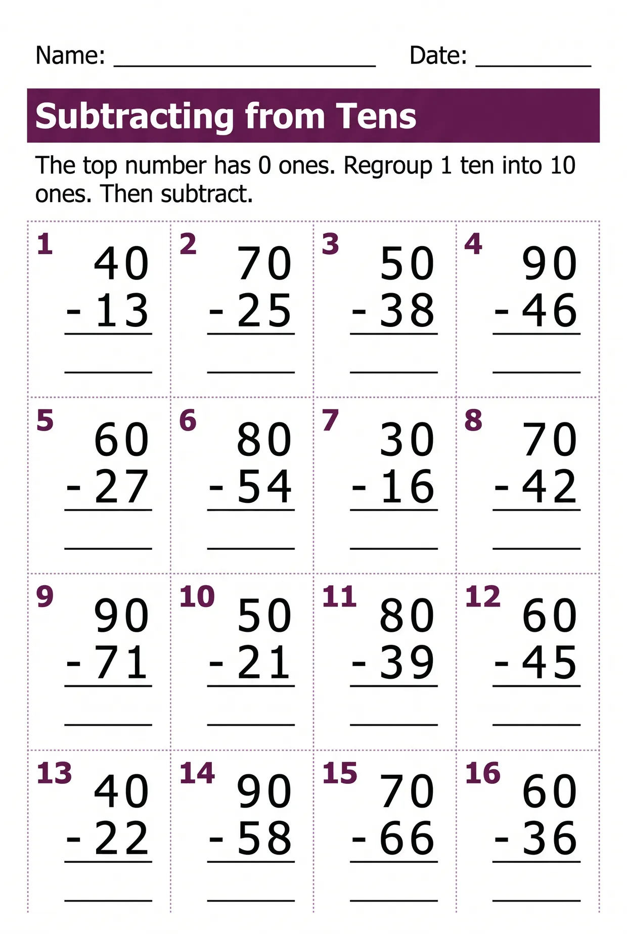 Subtracting From Tens: 2nd Grade Subtraction Worksheet, page 1 preview