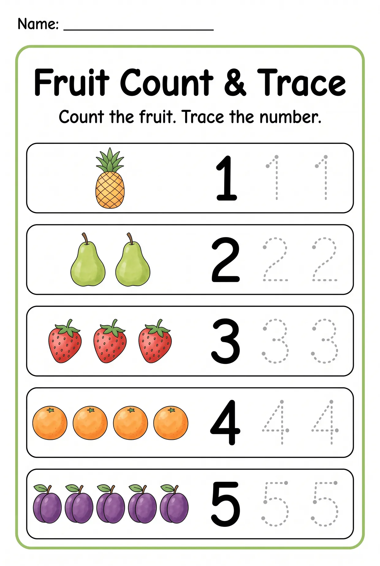 Fruit Count and Trace Counting Worksheet for Preschool, page 1 preview