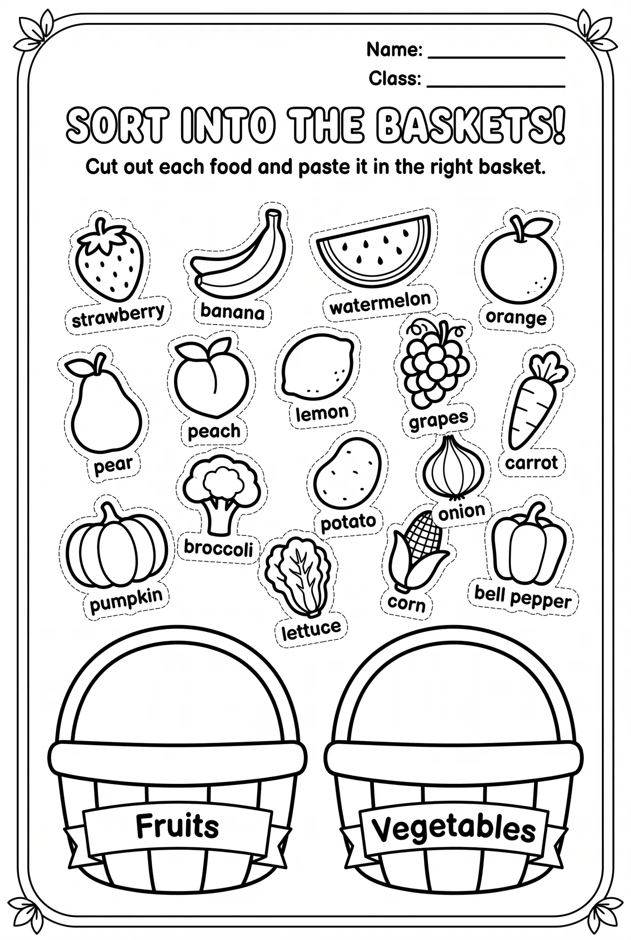 Fruits and Vegetables Sorting Baskets Worksheet, page 1 preview
