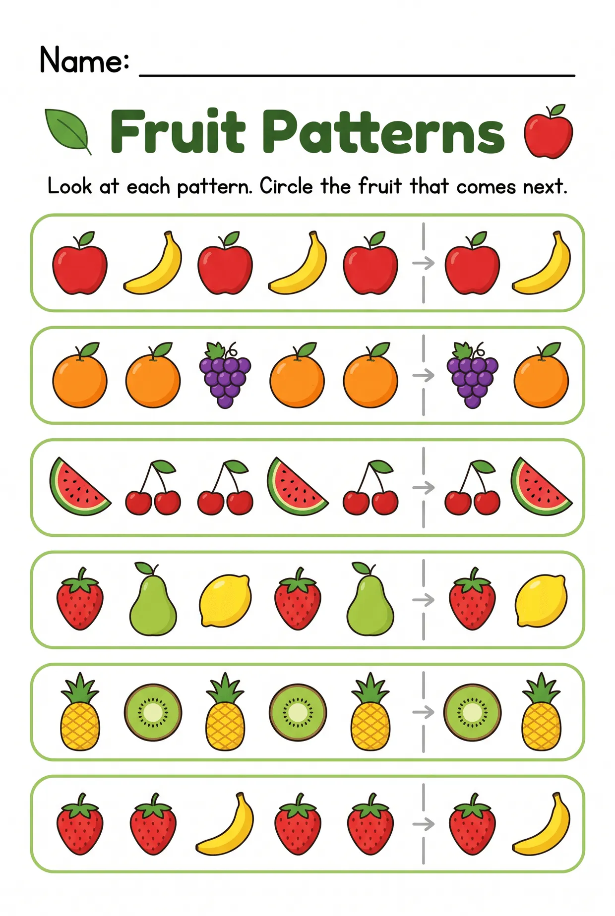 Circle the Next Fruit: Kindergarten Pattern Worksheet, page 1 preview