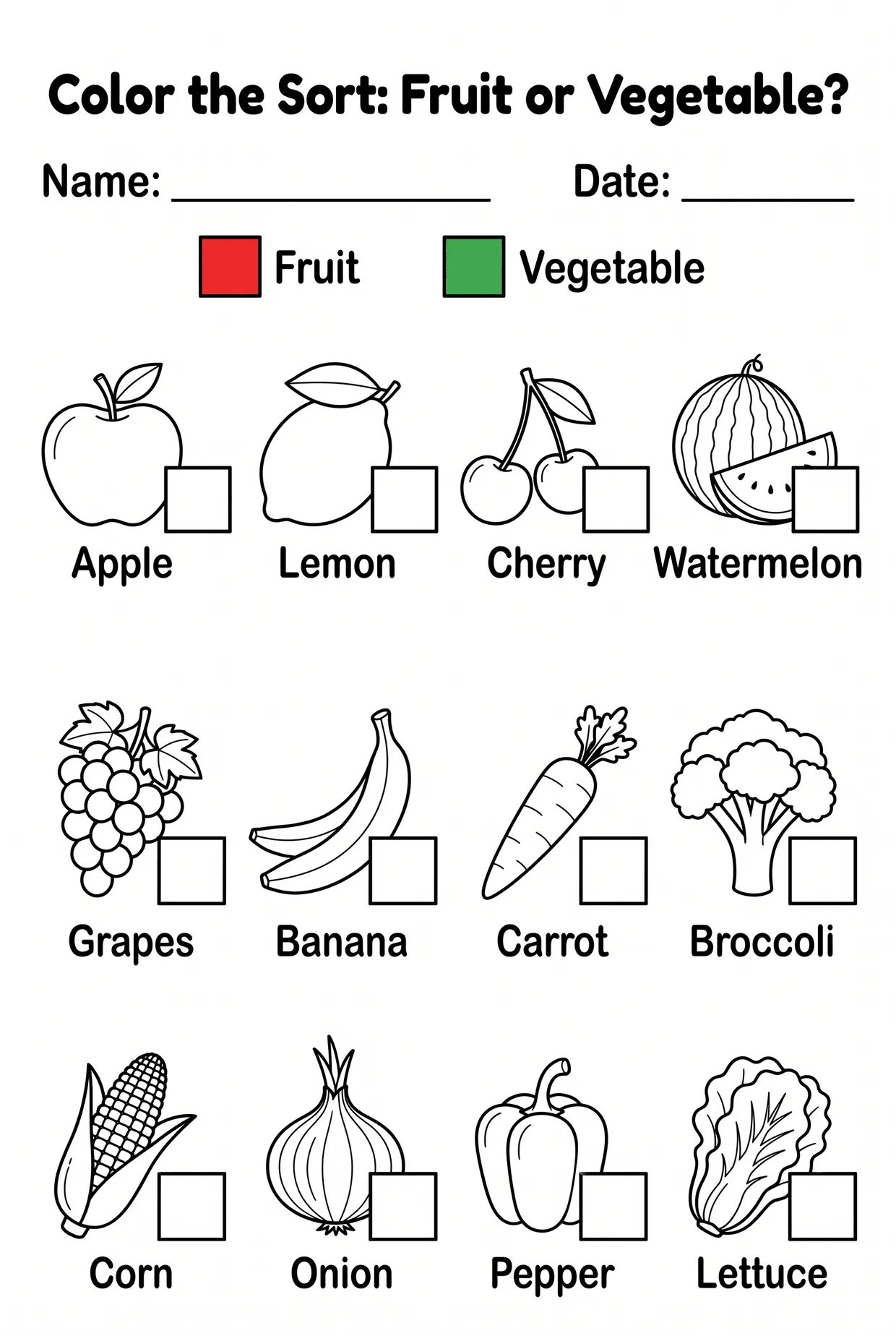 Color the Sort: Fruits and Vegetables Worksheet, page 1 preview