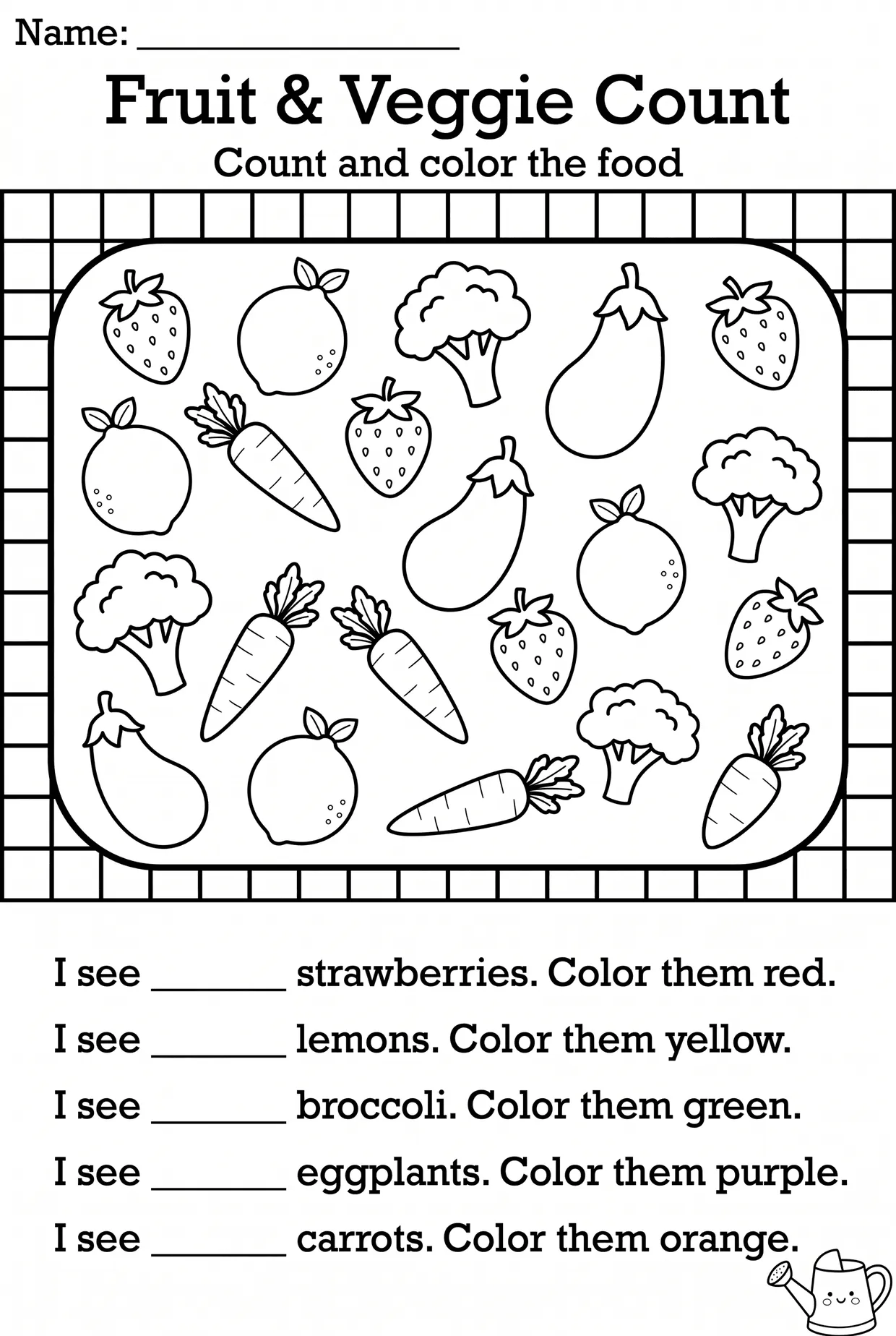 Fruits and Vegetables Count and Color Worksheet, page 1 preview