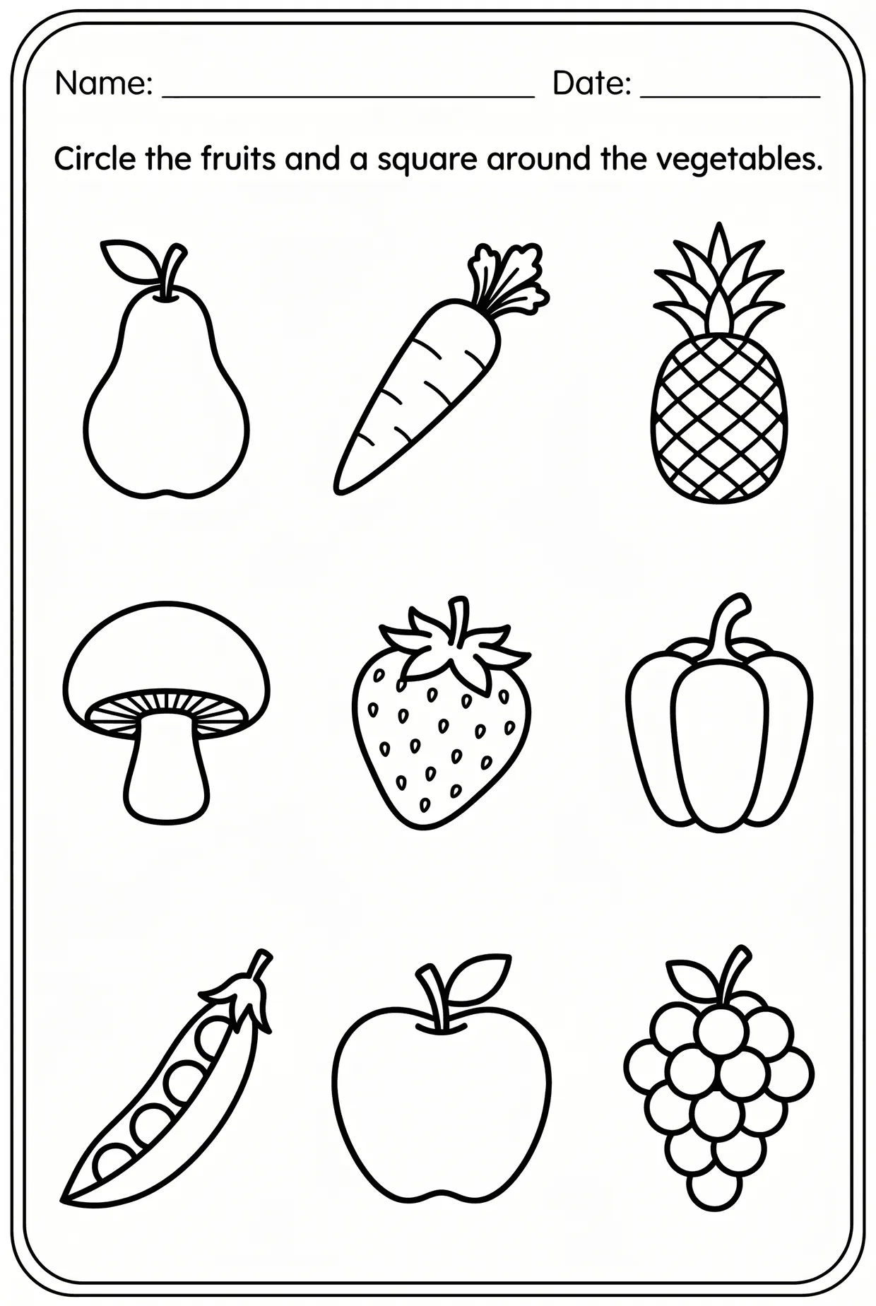 Fruits and Vegetables Coloring and Sorting Worksheet, page 1 preview