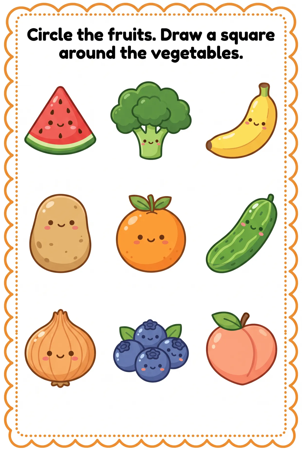 Cute Fruits and Vegetables Sorting Worksheet, page 1 preview