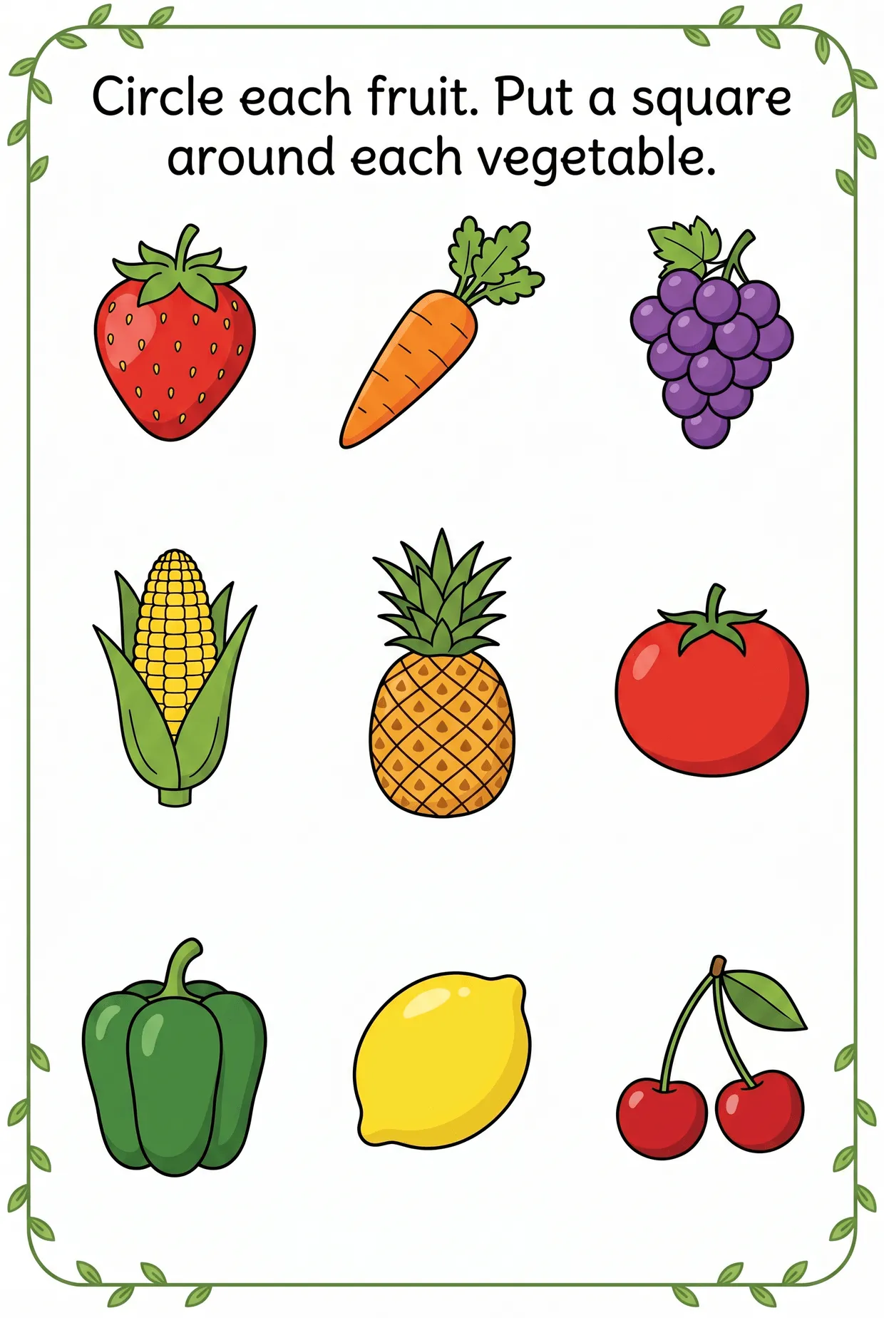 Fruits and Vegetables Worksheet: Circle the Fruits, page 1 preview