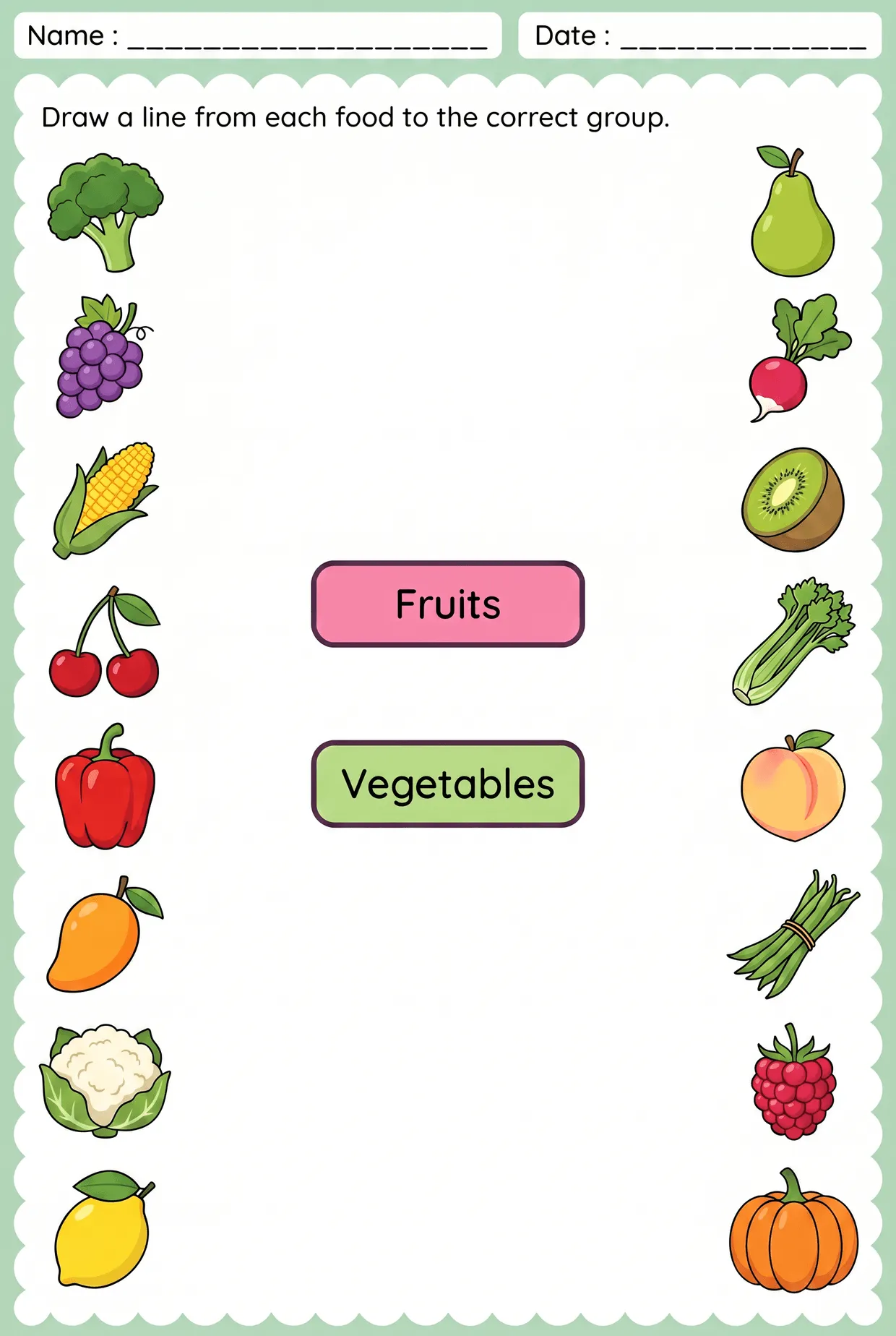 Fruits and Vegetables Matching Worksheet worksheet preview