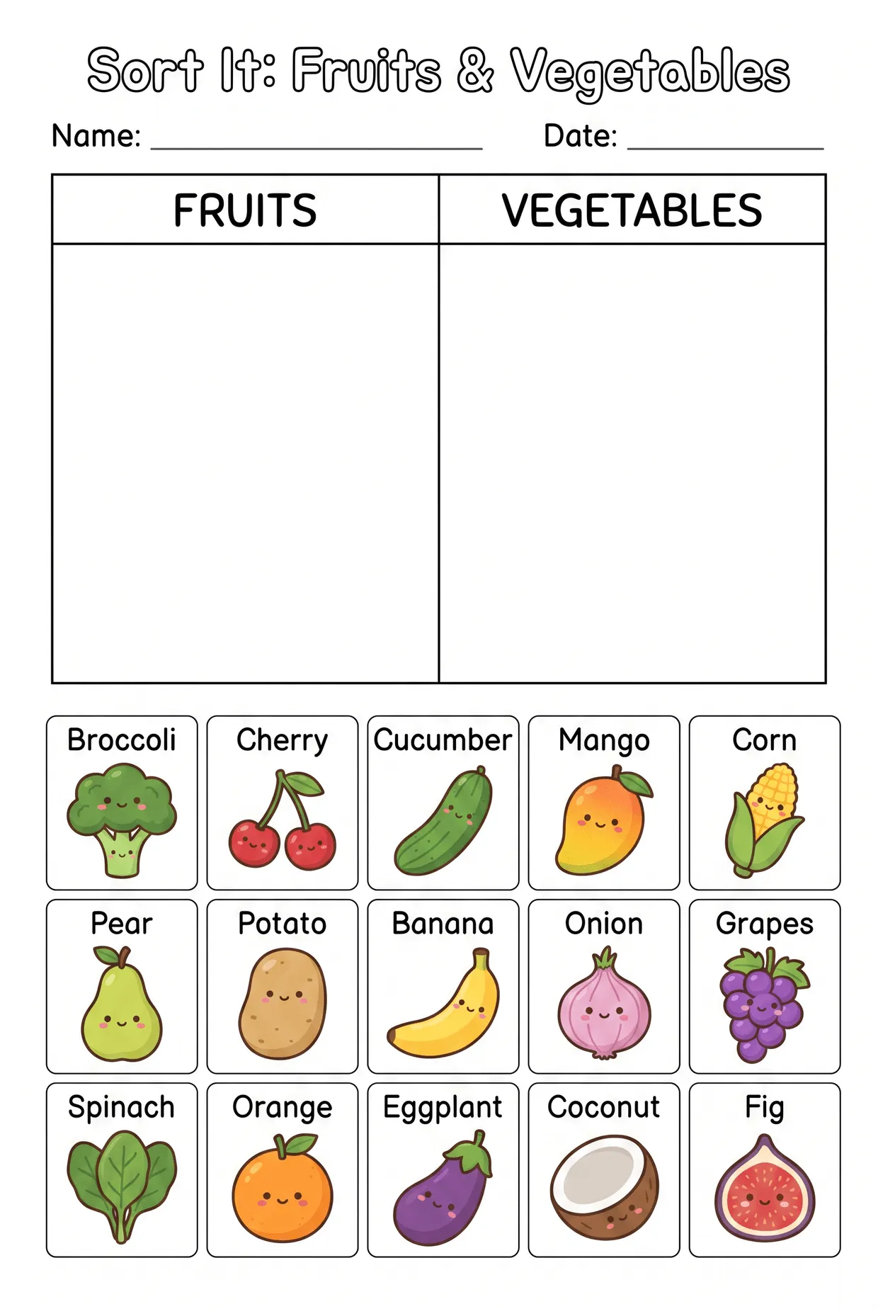 Sort It: Cute Fruits and Vegetables Worksheet, page 1 preview