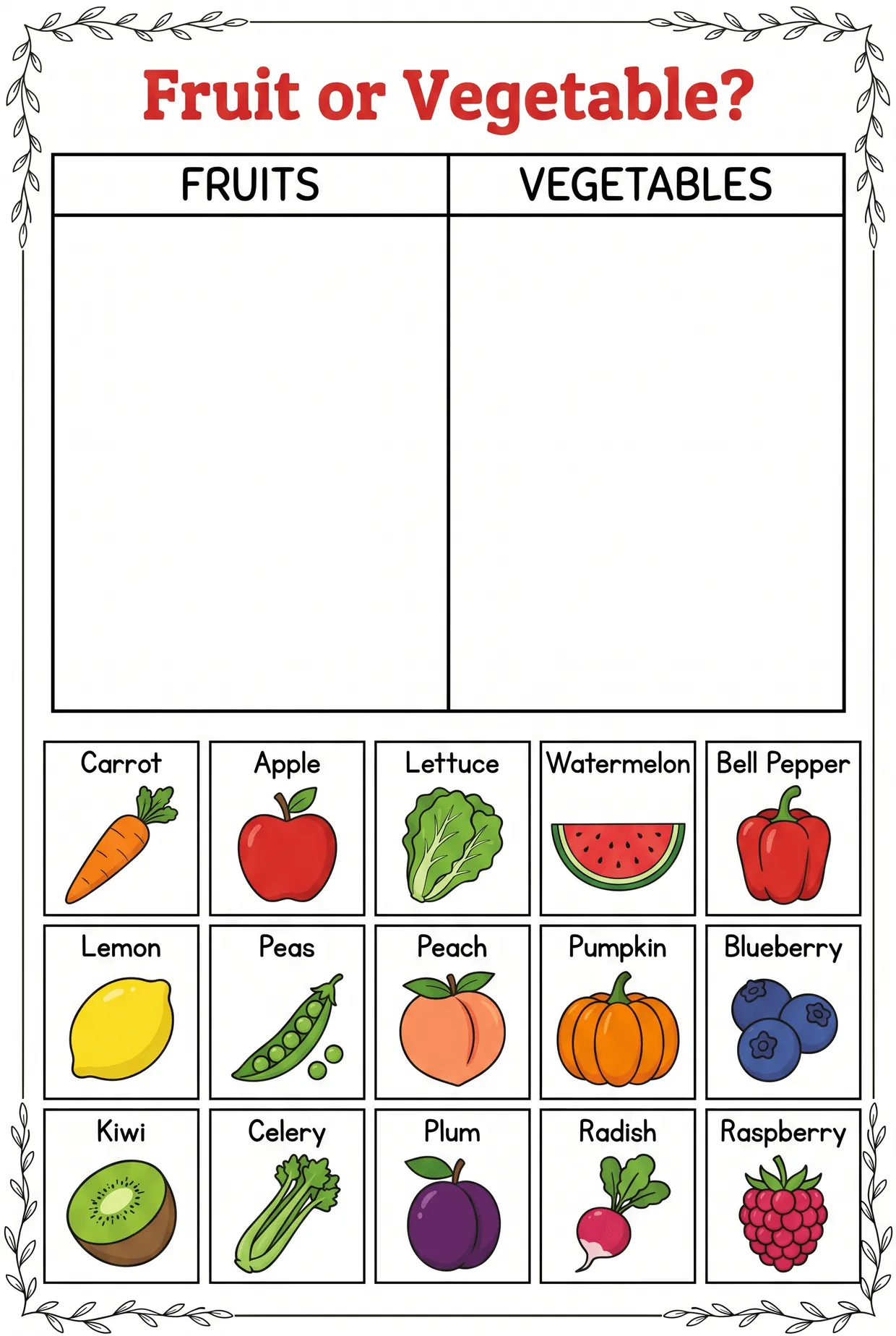 Fruits and Vegetables Sorting Chart Worksheet, page 1 preview