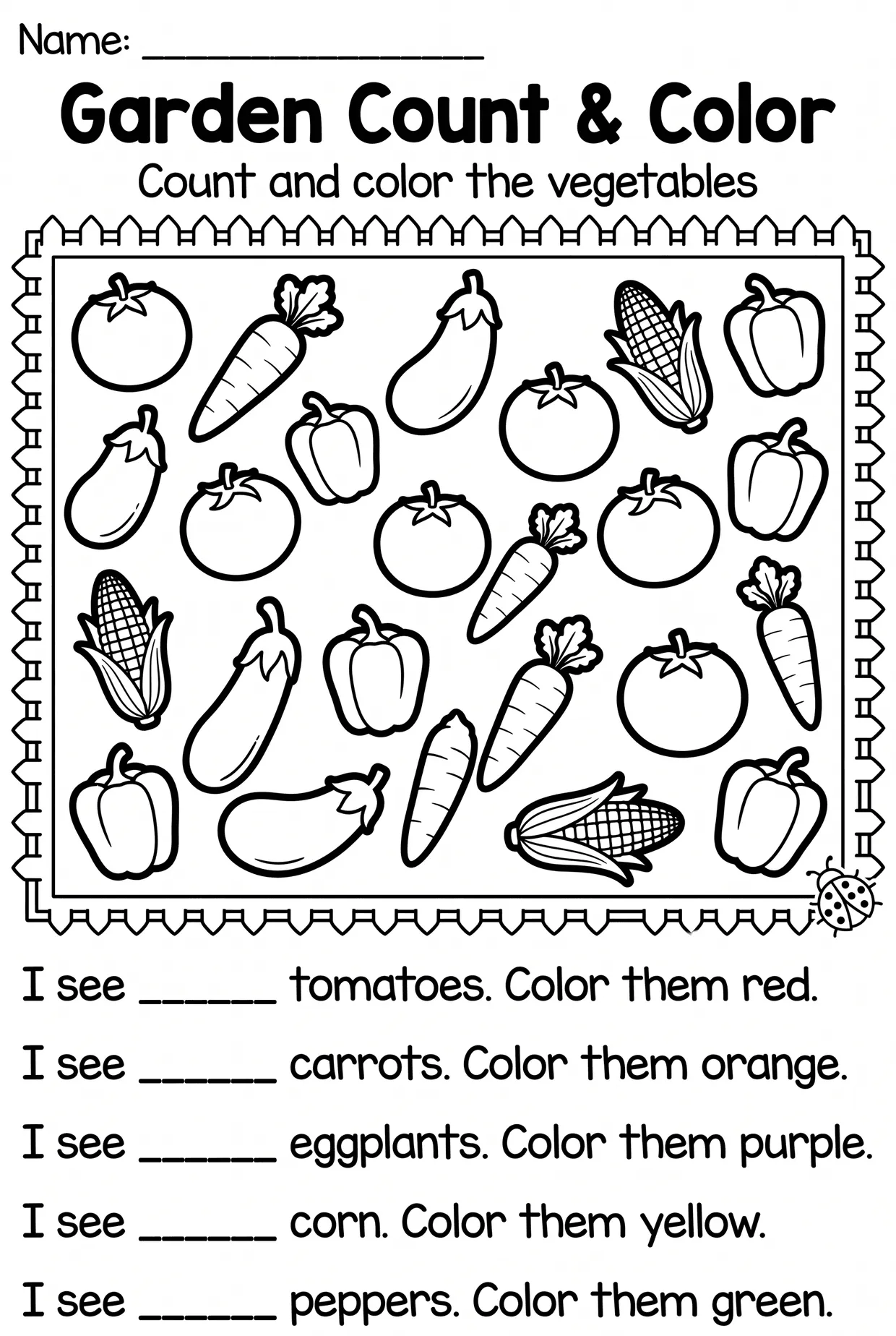 Garden Vegetables Count and Color Worksheet, page 1 preview