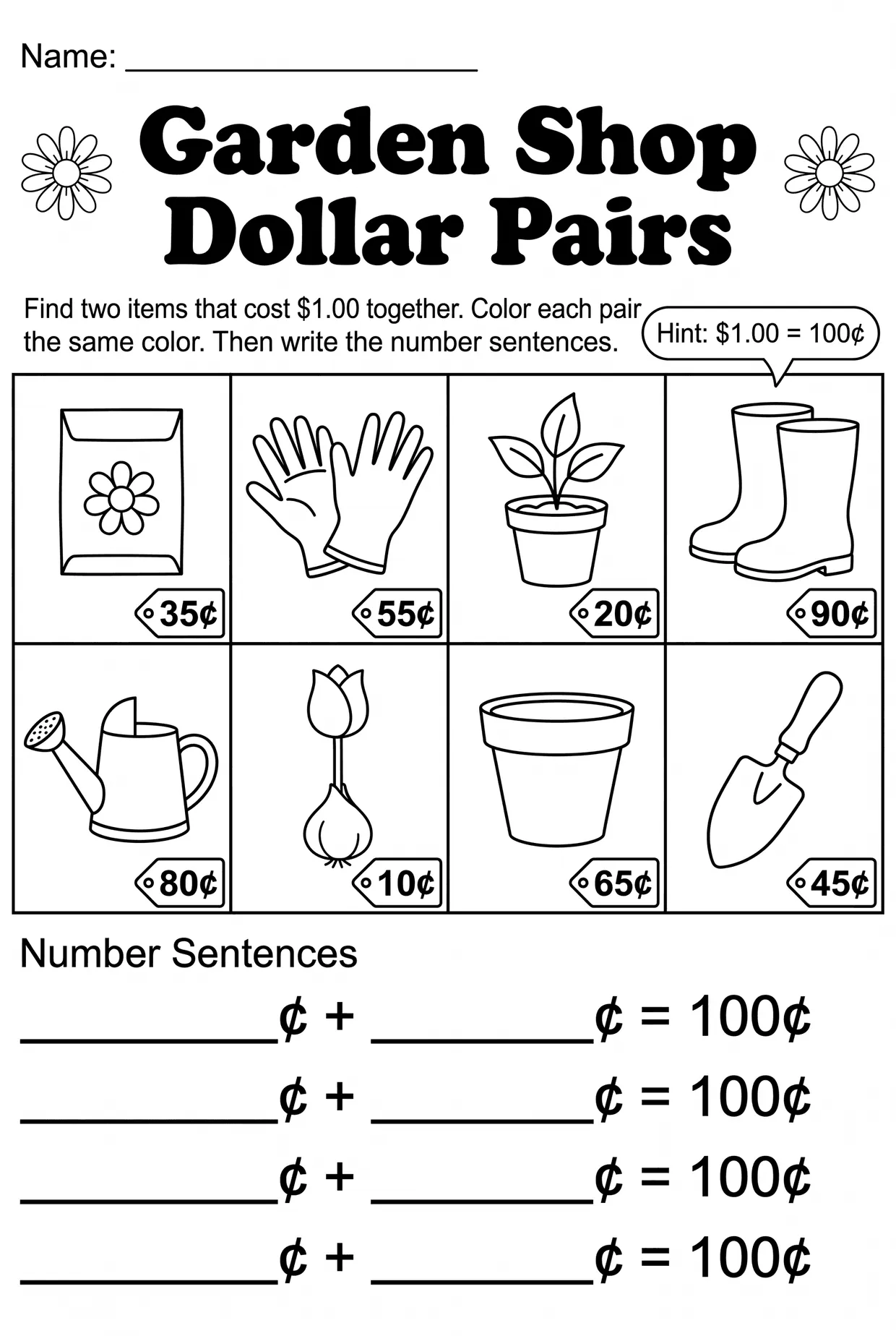 Garden Shop Dollar Pairs: 2nd Grade Money Worksheet, page 1 preview