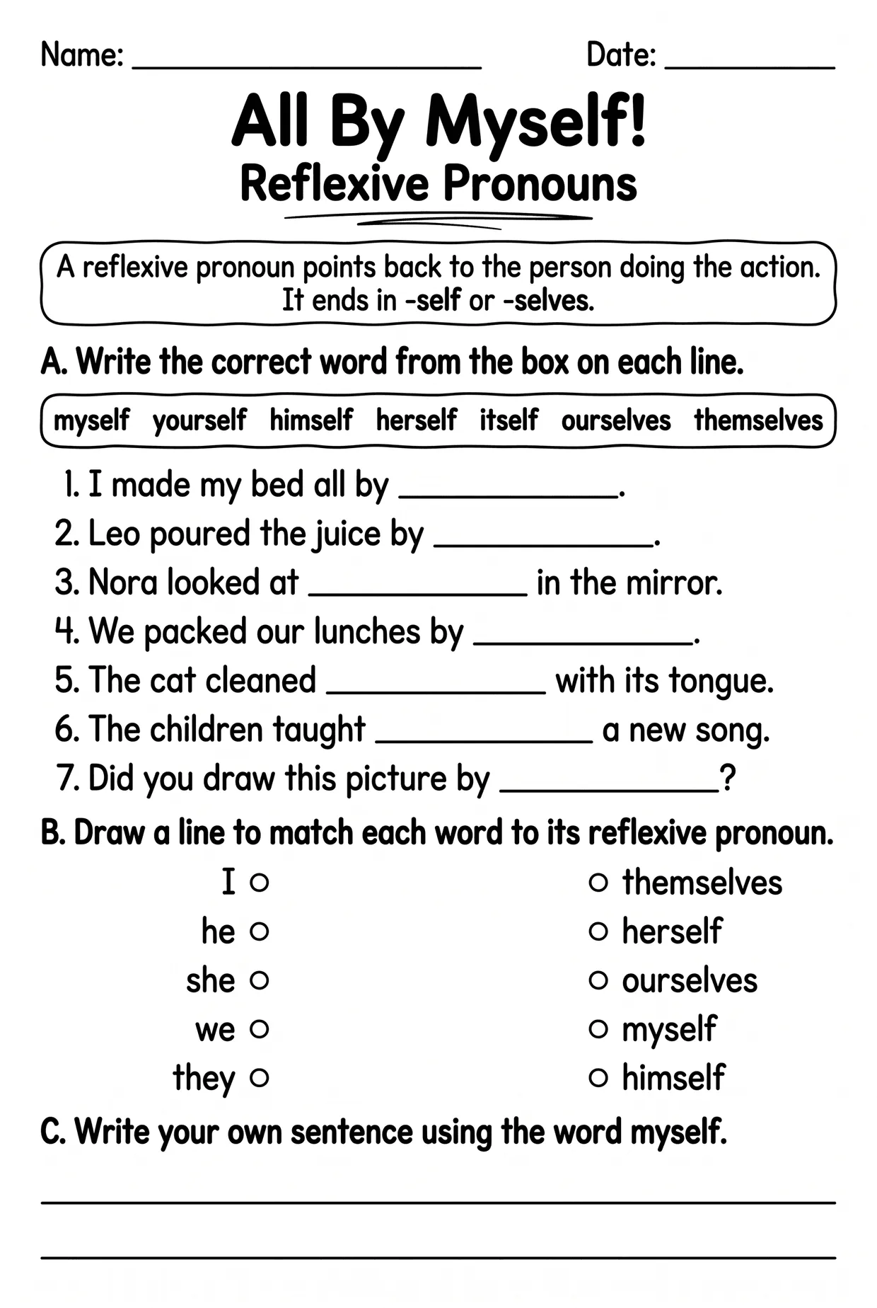 Reflexive Pronouns Worksheet for 2nd Grade, page 1 preview