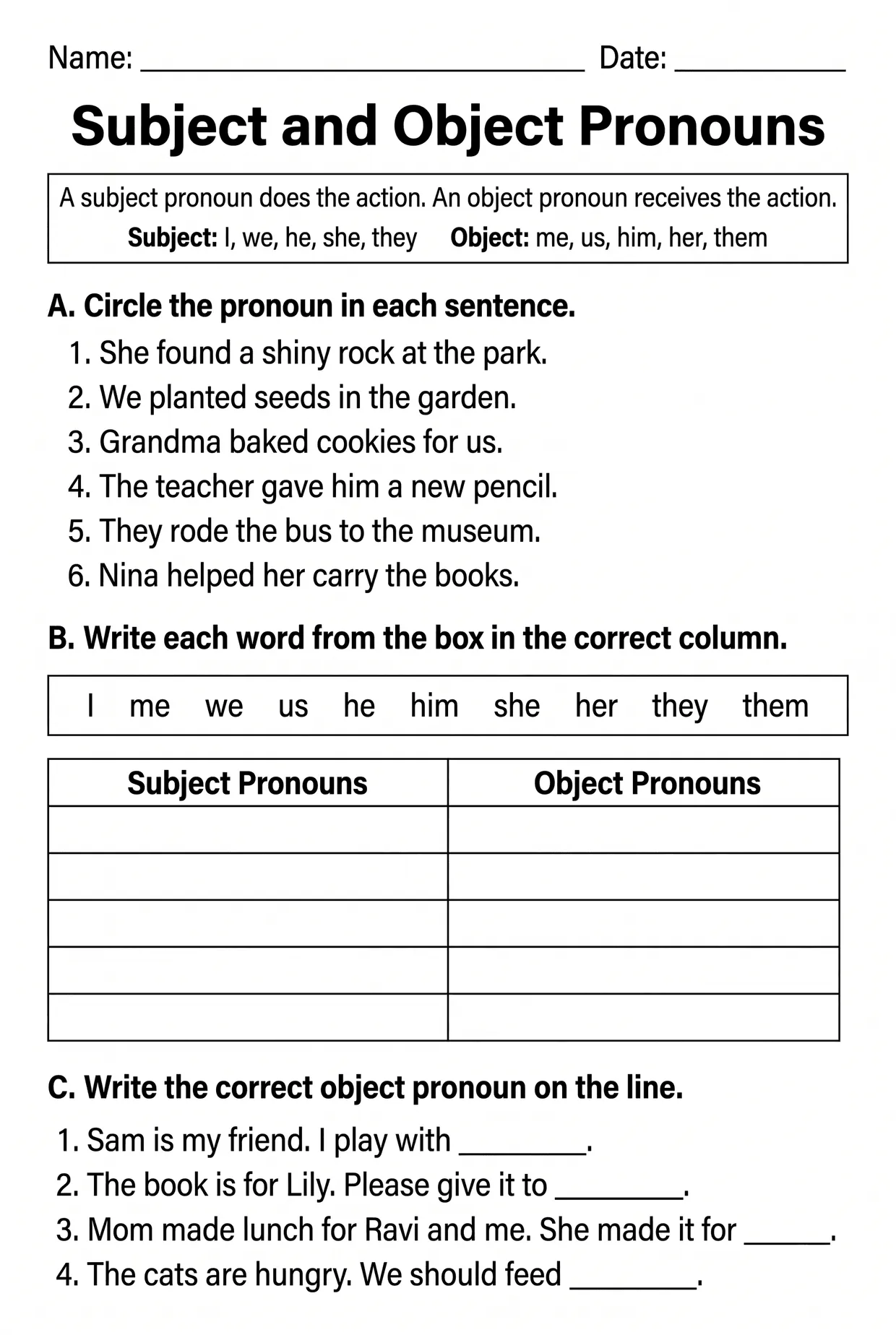 Subject and Object Pronouns Worksheet for Grade 2, page 1 preview