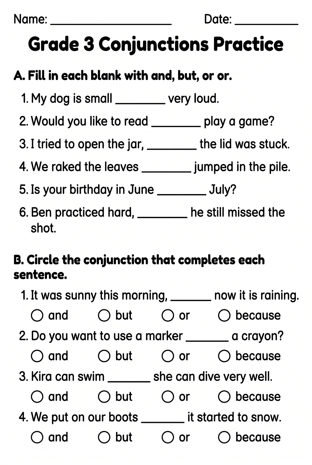 Conjunctions Practice Worksheet for Grade 3 Grammar, page 1 preview