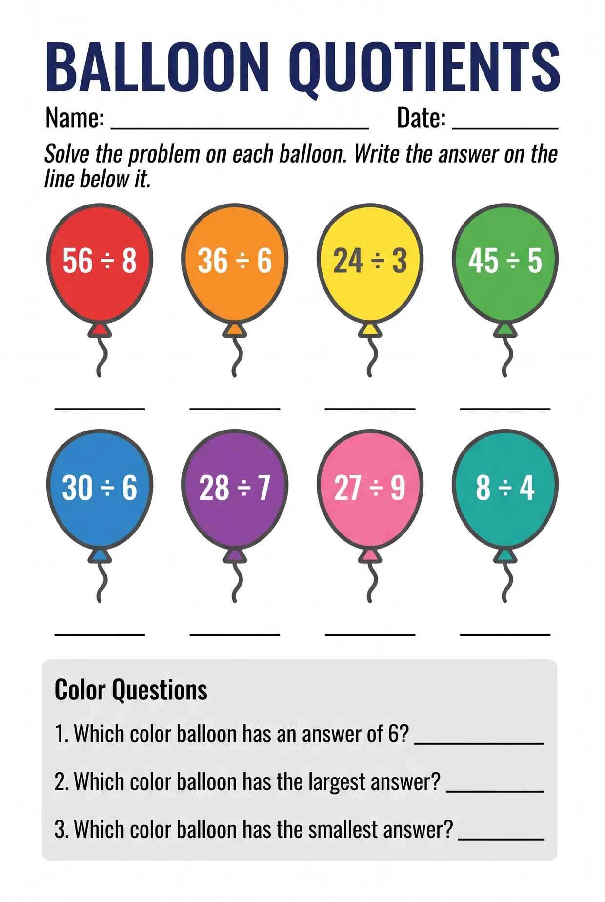 Balloon Quotients: 3rd Grade Division Worksheet, page 1 preview