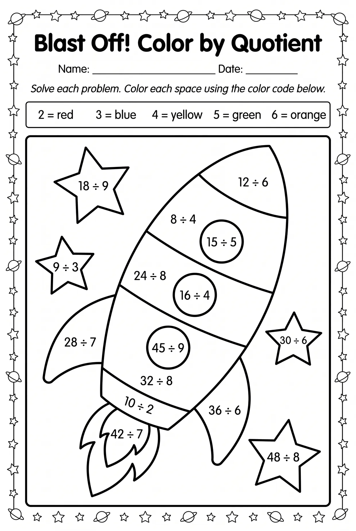 Rocket Color by Quotient Division Worksheet Grade 3 worksheet preview